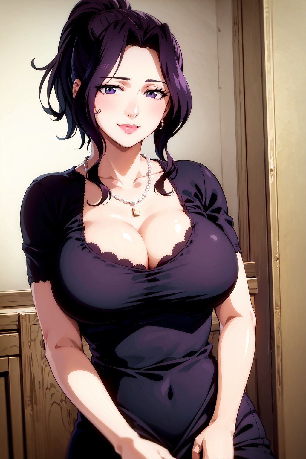 (masterpiece), (best quality), 1girl, Mitsuko, purple hair, ponytail, large breasts, mature female, looking at viewer, smiling, standing, black short sleeve dress, cleavage, pearl necklace, indoors, retro anime