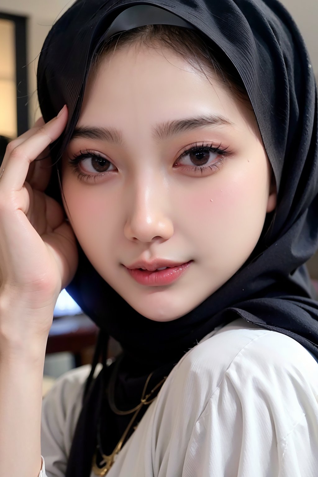 Close up,
1 girl, solo, looks, enjoying, looking at viewer, hijab 

,D1AMOND,ar1n,Masterpiece,C1SYU,IR3N ,R15M ,H3NUY ,EVH4 