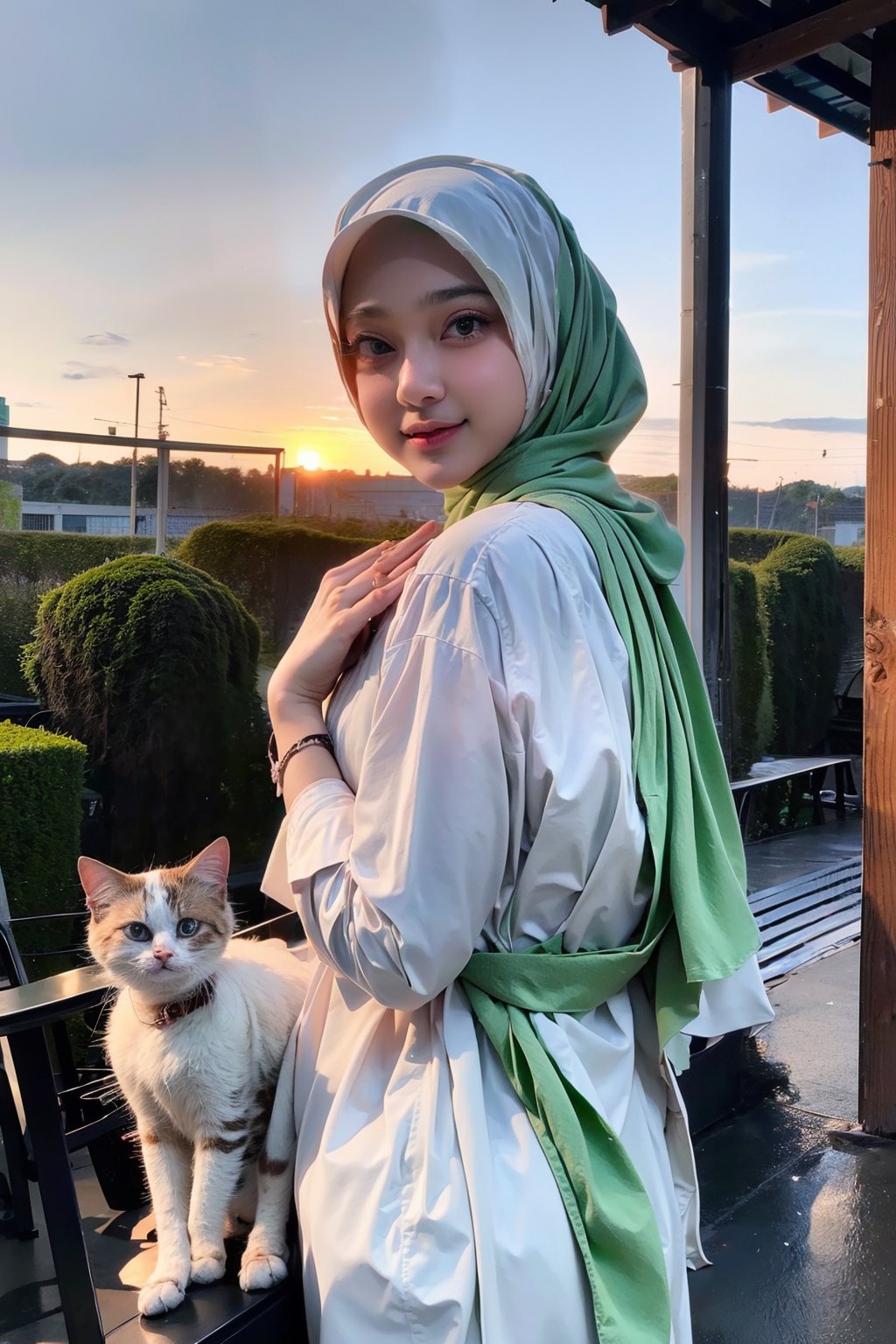 White, ((green)), blue,
Triadic colour schemes,
1 girl, solo, innocent looks, enjoying, looking at viewer, hijab 
Cute kitten with, furry body,
((Sunrises)),
,D1AMOND