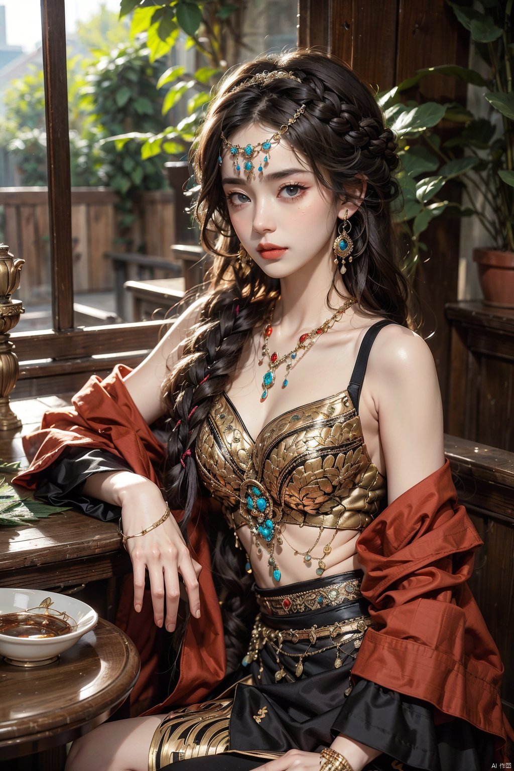 (Masterpiece, top quality, best quality, official art, beauty and aesthetics: 1.2), upper body, 1 girl, beautiful face, facial focus, solo, flowing long hair, braids, multiple braids, floating hair, blue eyes, chest, black hair, jewelry, wearing a vibrant Tibetan dress decorated with colorful patterns and complex embroidery, boots, necklaces, tables, bangs trim, Bracelet, layered sleeves, fluffy sleeves, slim body, dynamic angles, flowers, plants, vibrant colors, reed bushes, realism, soft light, spiritual pursuit, tranquility, extreme detail, 8k, crazy details, complex details,

