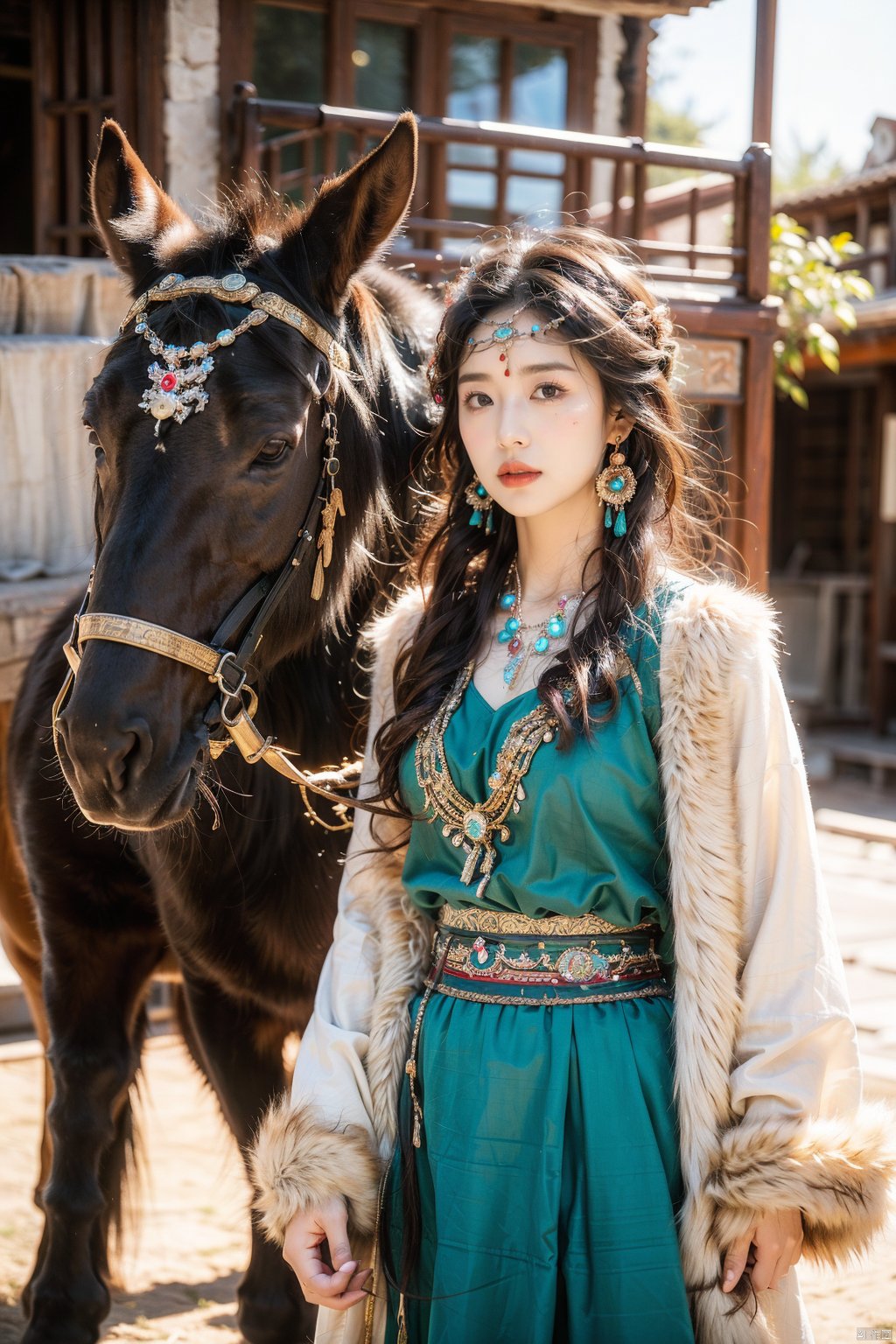 (Masterpiece, top quality, best quality, official art, beauty and aesthetics: 1.2), 1girl, horse riding, black hair, blur background, brown eyes, depth of field, desert,Chinese Tibetan clothing,Silver Tibetan wheel,Tibetan headwear,Tibetan Earrings,White half body Tibetan robe,Tibetan jewelry,Blue and white Tibetan clothing,Tibetan girl , jewelry, lips, necklace, outdoors, photo in Tibetan, 8k, crazy details, complex details,

,moyou