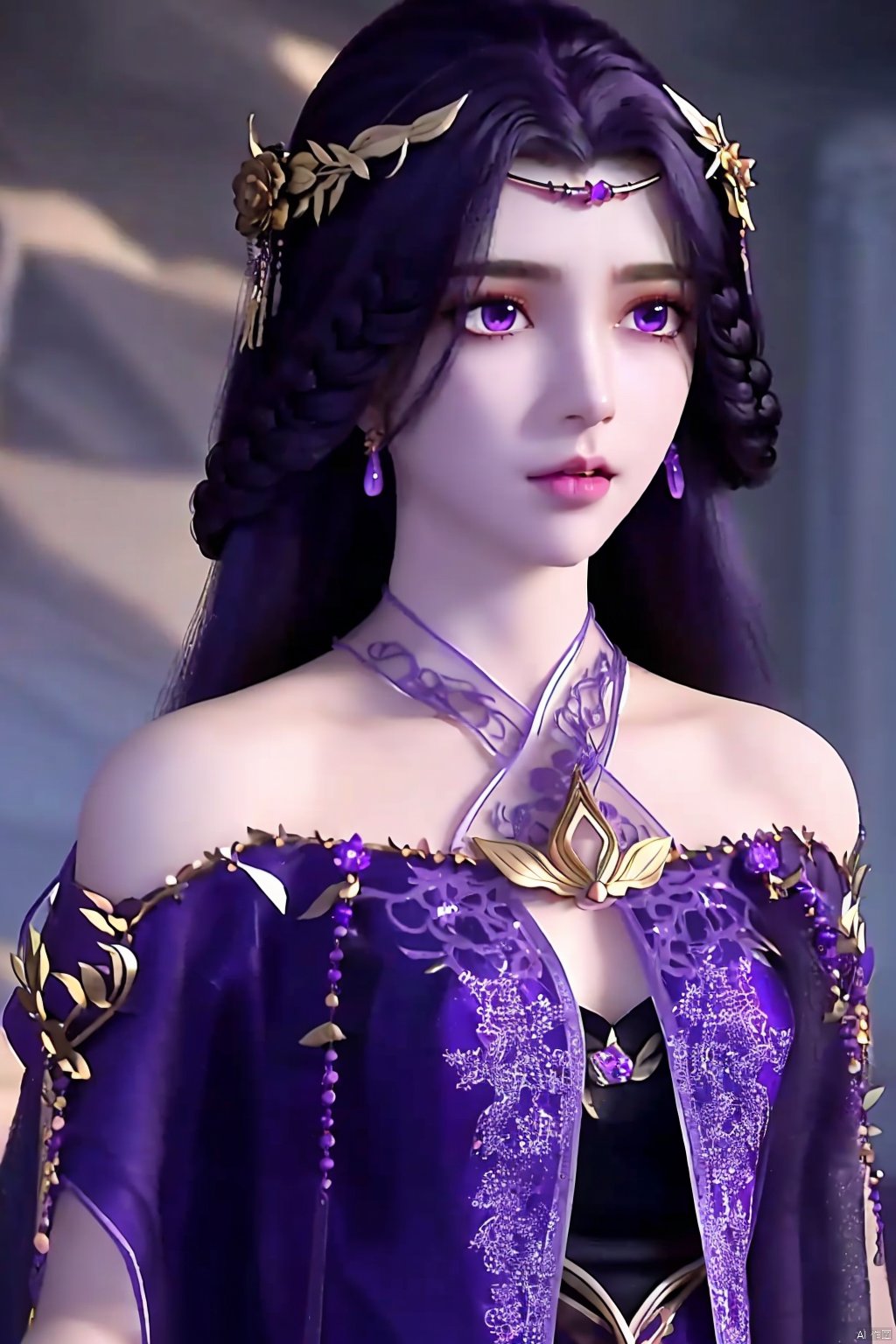 1girl, solo, long hair, black hair, hair ornament, dress, bare shoulders, jewelry, purple eyes, upper body, earrings, parted lips, purple dress, yunxi<lora:EMS-317986-EMS:0.800000>