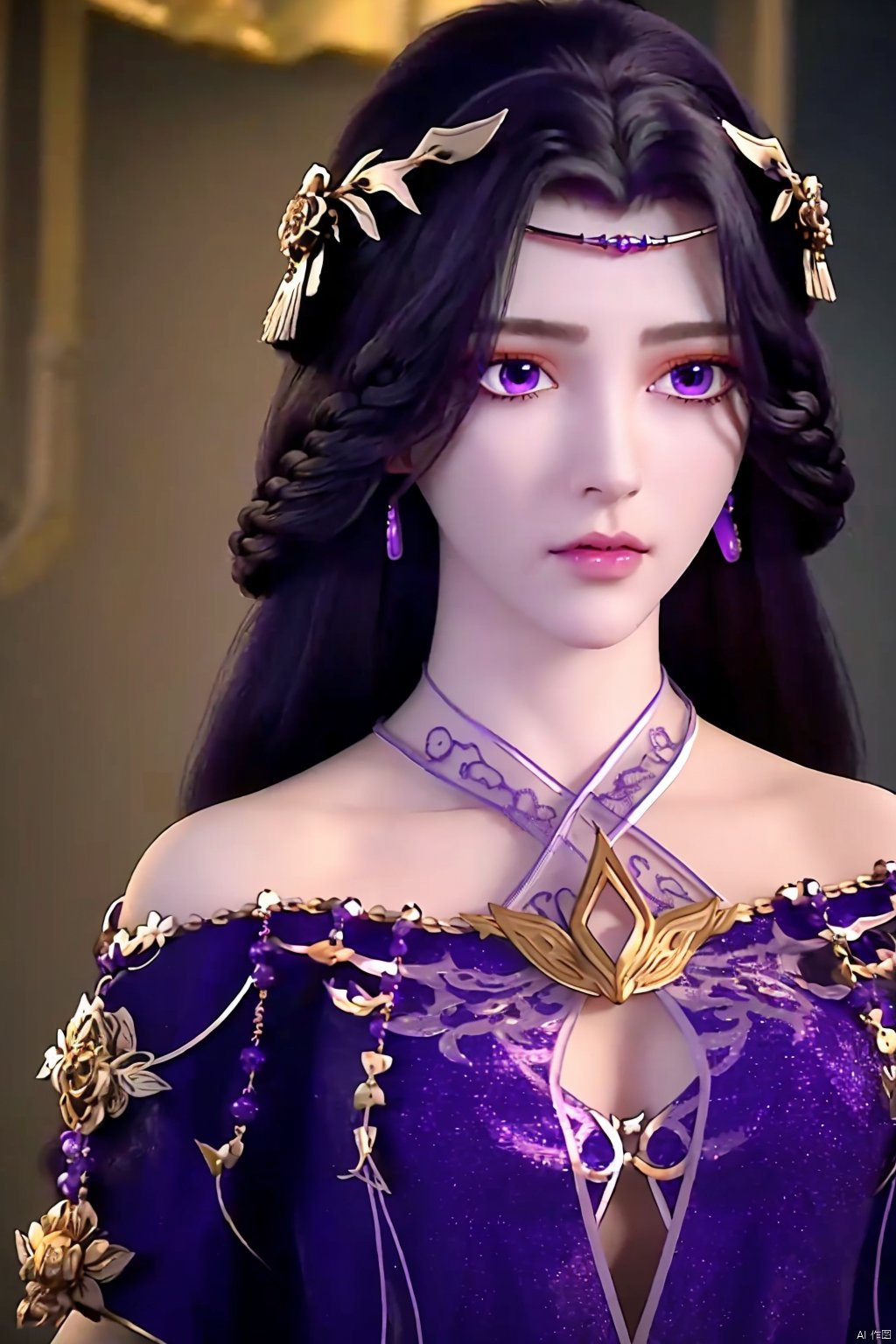 1girl, solo, long hair, looking at viewer, black hair, hair ornament, dress, bare shoulders, jewelry, purple eyes, upper body, earrings, parted lips, lips, halterneck, portrait, hair rings, circlet, realistic, yunxi<lora:EMS-317986-EMS:0.800000>