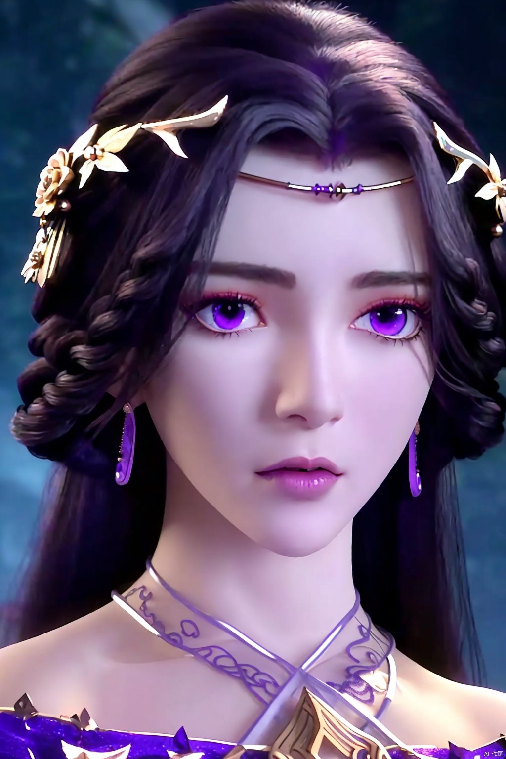 1girl, solo, long hair, looking at viewer, black hair, hair ornament, dress, bare shoulders, jewelry, purple eyes, upper body, earrings, parted lips, lips, halterneck, portrait, hair rings, circlet, realistic, yunxi<lora:EMS-317986-EMS:0.800000>