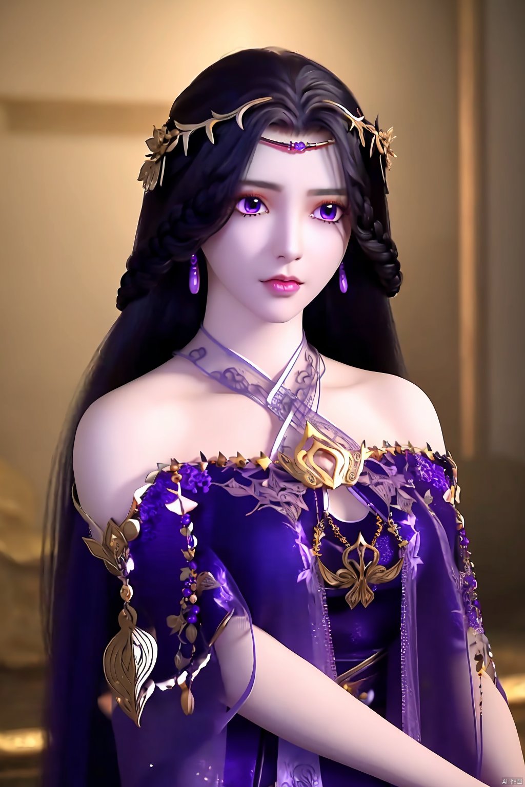 1girl, solo, long hair, looking at viewer, black hair, hair ornament, dress, bare shoulders, jewelry, purple eyes, upper body, earrings, lips, yunxi<lora:EMS-317986-EMS:0.800000>