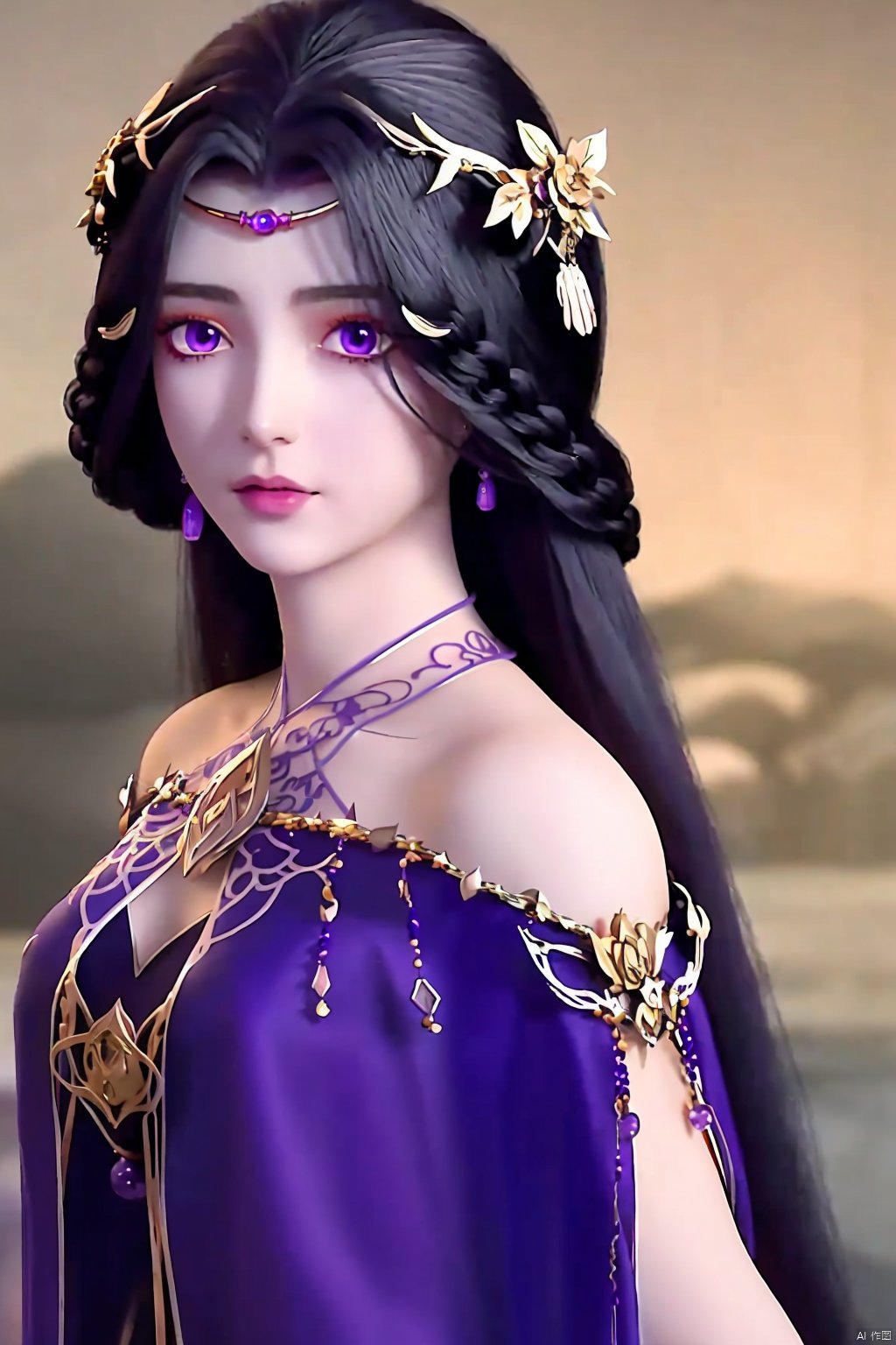 1girl, solo, long hair, looking at viewer, black hair, hair ornament, dress, bare shoulders, jewelry, purple eyes, upper body, earrings, lips, yunxi<lora:EMS-317986-EMS:0.800000>