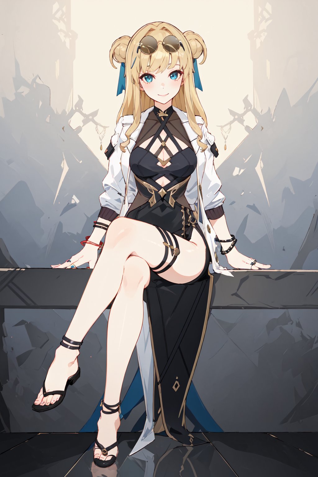 1female, solo, songque, black dress, white jacket, open clothes, black footwear, open jacket, eyewear on head, ring, long sleeves, clothing cutout, bracelet, hair ribbon, smile, cowboy shot, (sitting, crossed legs), (bare legs, thigh slit, hands behind back:1.2)