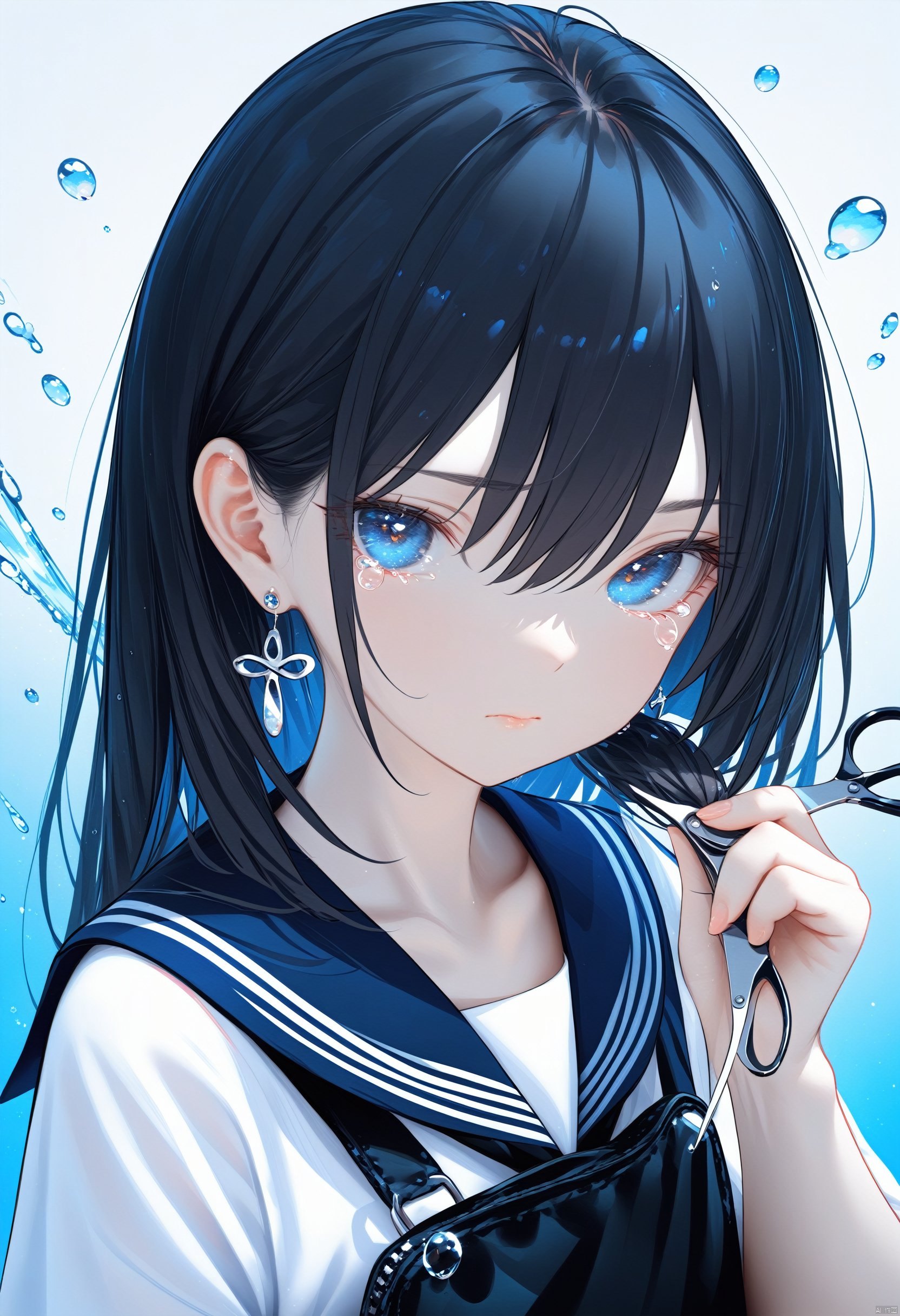 masterpiece,best quality,masterpiece,best quality, 
1girl, solo, best quality, white background, simple background, upper body, looking at viewer, holding hair, closed mouth, blue eyes, hair between eyes, cutting hair, black hair, long hair, bangs, tears, collarbone, white shirt, serafuku, short sleeves, black sailor collar, earrings, bag, scissors, water drop, 
BREAK fine fabric emphasis,best quality,masterpiece,best quality,amazing quality,very aesthetic,absurdres,best quality,amazing quality,very aesthetic,absurdres,Highly detailed,best quality,masterpiece,Highly detailed,