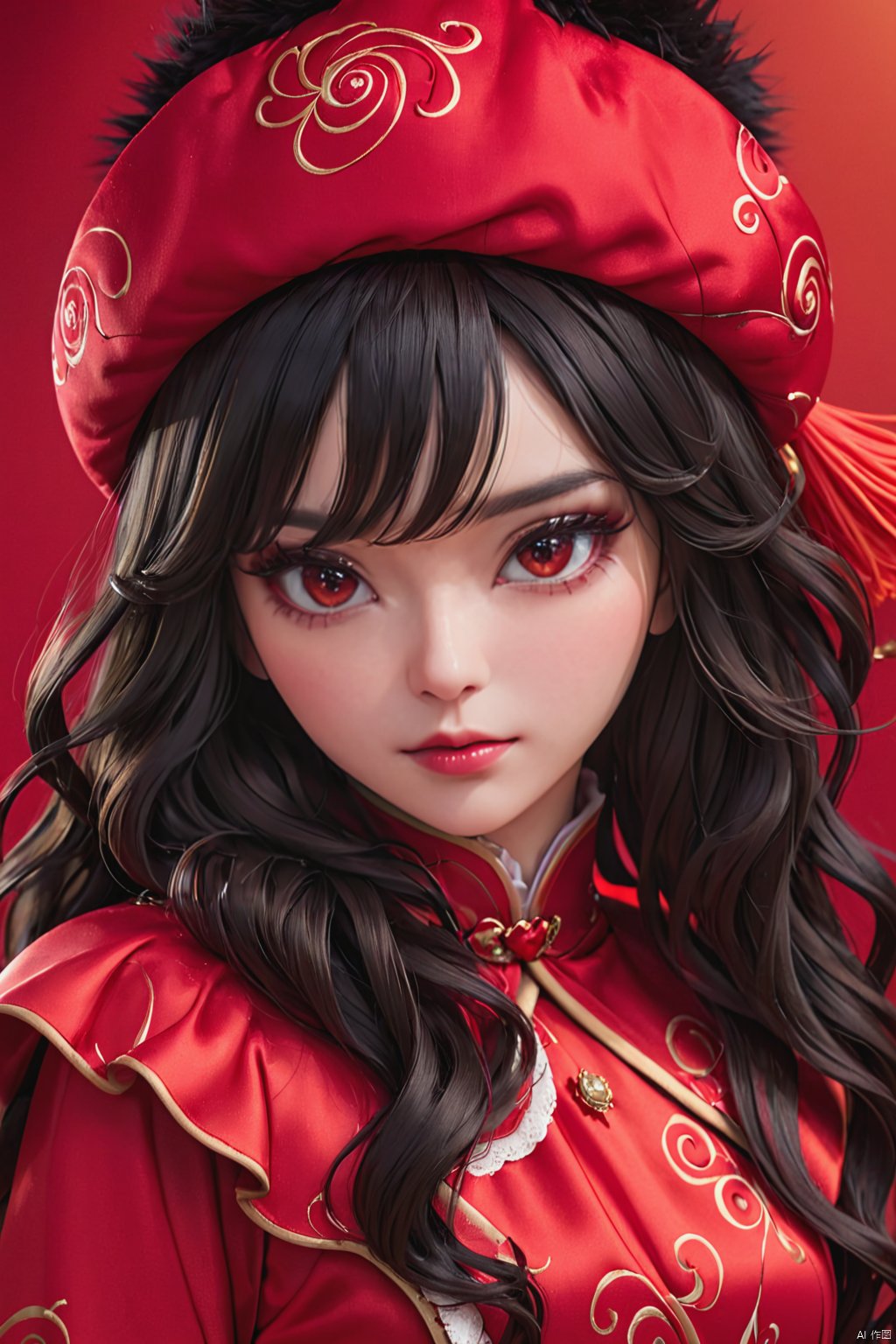  masterpiece, best quality, 1girl, red background, black hair, Long curly hair, face front, ((red fashion silk lone costume with red swirling vortexes pattern)), ((Red Plush Fur Hat)), emotional face, (close up portrait), make up, studio light, studio, ((poakl)), poakl ggll girl