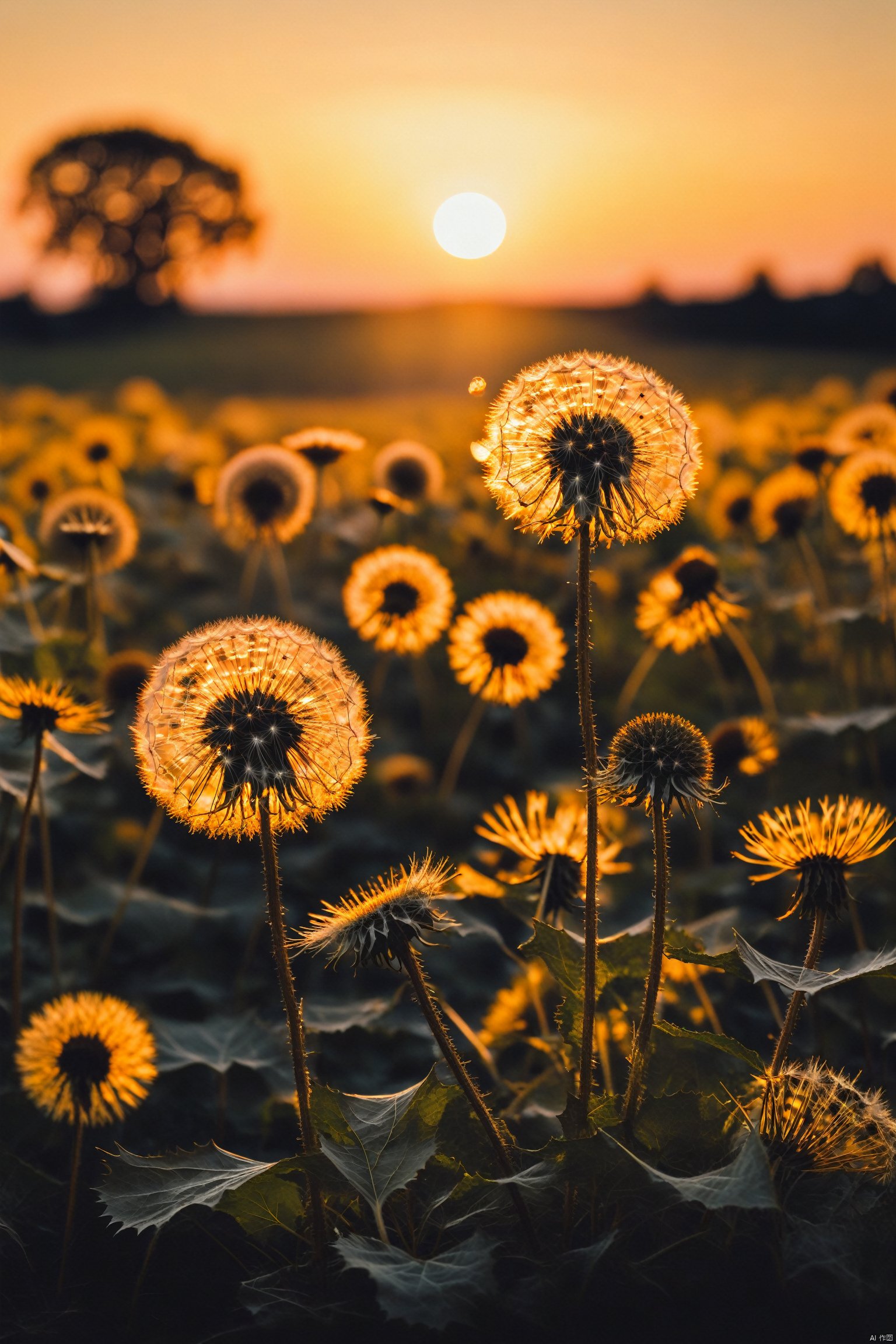 "dandelions and a glorious sunset, by photographer Lee Jeffries nikon d850 film stock photograph 4 kodak portra 400 camera f1.6 lens rich colors hyper realistic lifelike texture dramatic lighting unrealengine trending on artstation cinestill 800<lora:EMS-317795-EMS:0.800000>