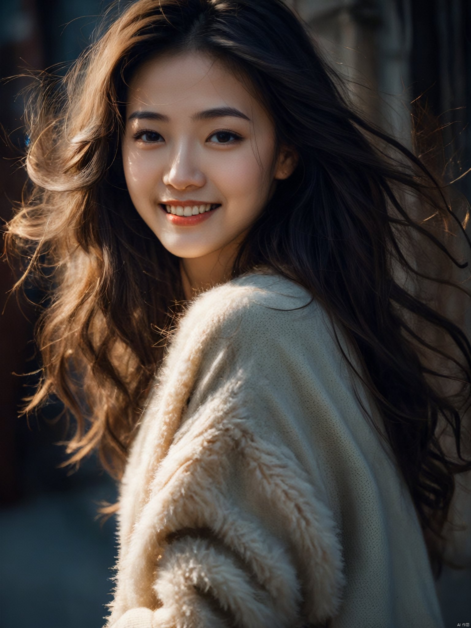 photorealistic, night, dark shadow, low profile, cold light, an oriental girl, exquisite facial features, smile, white teeth, thin chain decoration, light color sweater, bust, breast beauty, hot figure, long and long hair, fluffy big wavy hairstyle, a lot of hair covering the chest, long legs, side, depth of field, panoramic view<lora:EMS-317795-EMS:0.800000>