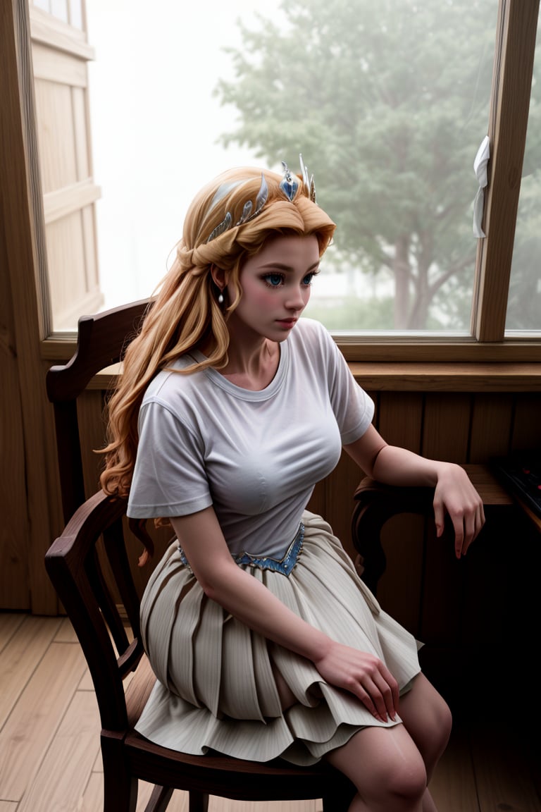 Odette_Swan_Princess,(white t-shirt:1),(white skirt:1),on the wooden chair,sitting_down,in side an old house<lora:EMS-179-EMS:0.800000>, <lora:EMS-318198-EMS:1.000000>