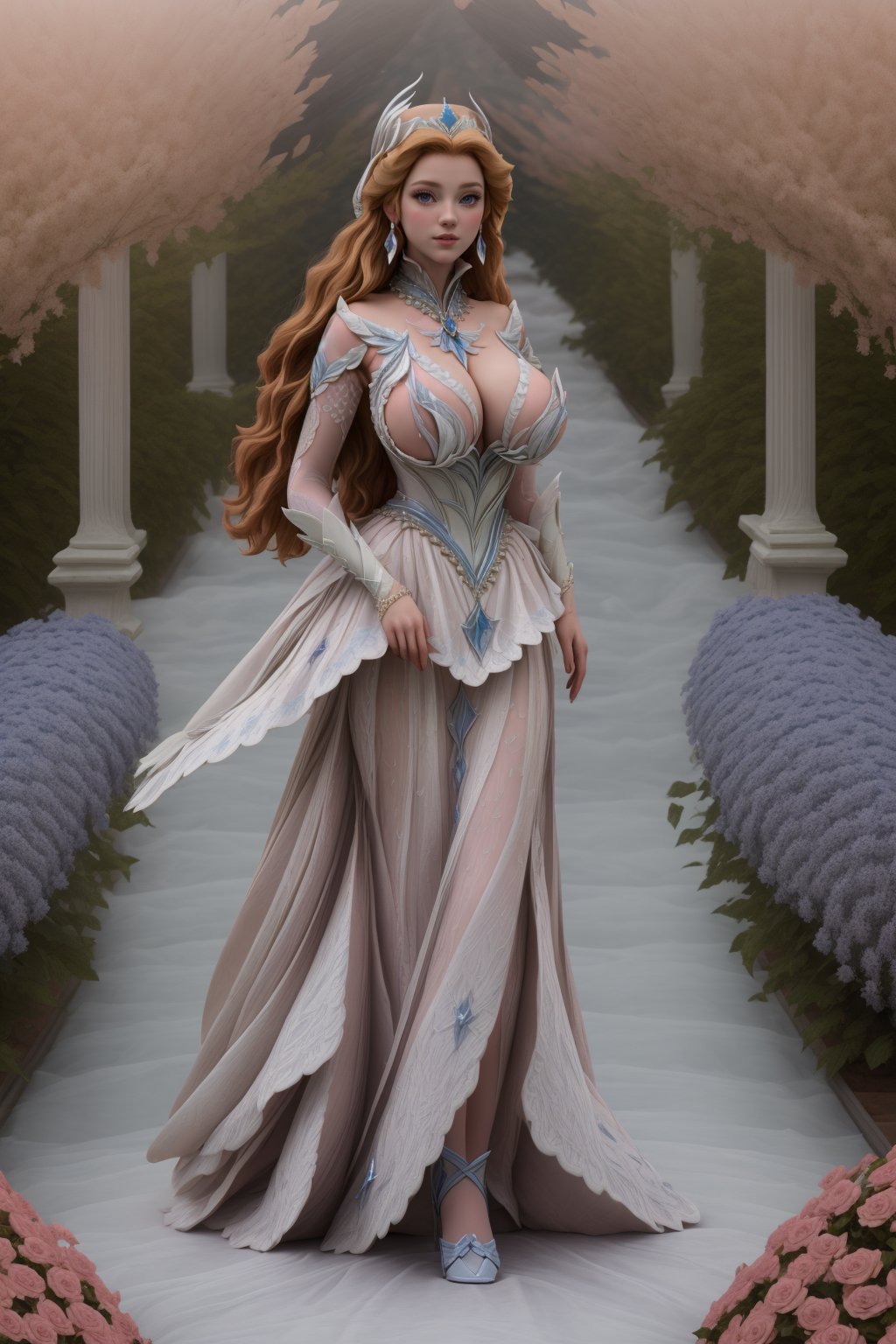 Odette_Swan_Princess,full body,facing_viewer,front-view,a princess in the flower garden,nsfw,((gigantic_breasts:1)),side_boobs<lora:EMS-318198-EMS:1.000000>, <lora:EMS-179-EMS:0.800000>