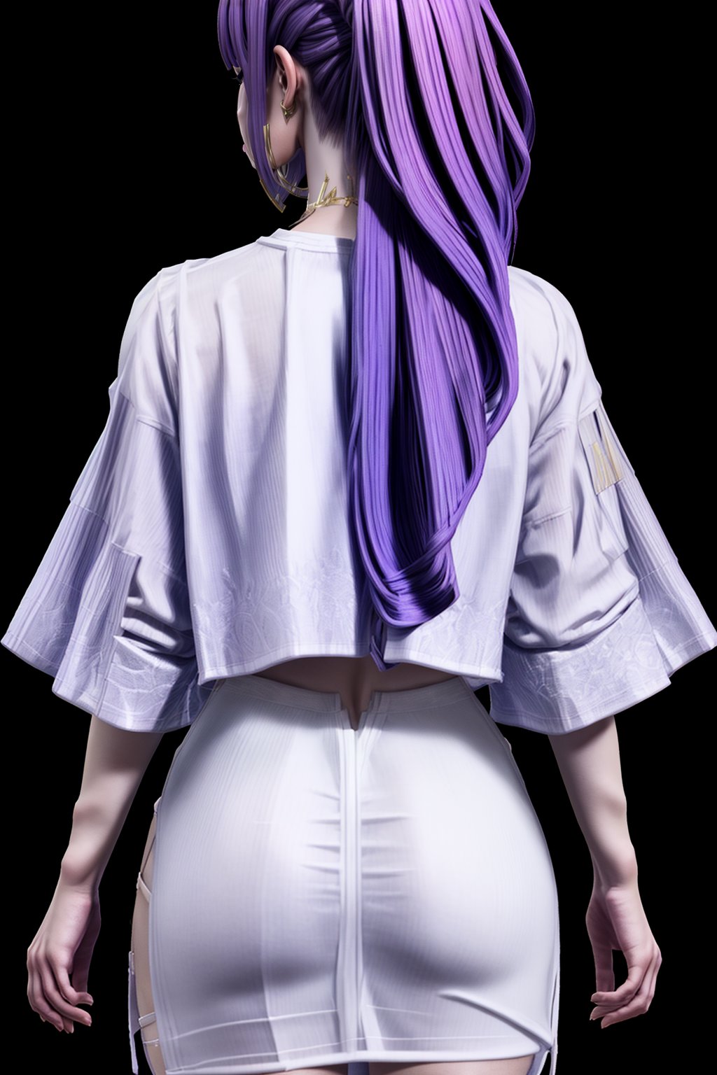 Novaria_Star_Rebel,standing,back view,view from above,((purple skin:0.5)),nsfw,((sheer clothes:1)),((gigantic_breasts:1)),((white t-shirt:1)),((white skirt:1))<lora:EMS-179-EMS:0.800000>, <lora:EMS-318199-EMS:1.000000>