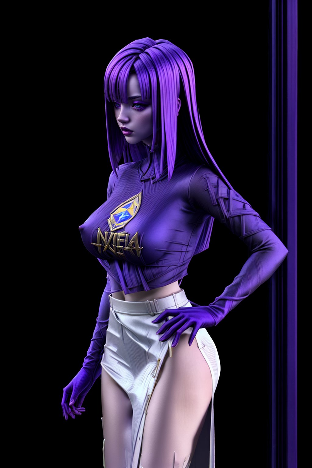 Novaria_Star_Rebel,standing,frontview,view from above,((purple skin:0.5)),nsfw,((sheer clothes:1)),((gigantic_breasts:.6)),((purple t-shirt:1)),((white skirt:1))<lora:EMS-179-EMS:0.800000>, <lora:EMS-318199-EMS:1.000000>