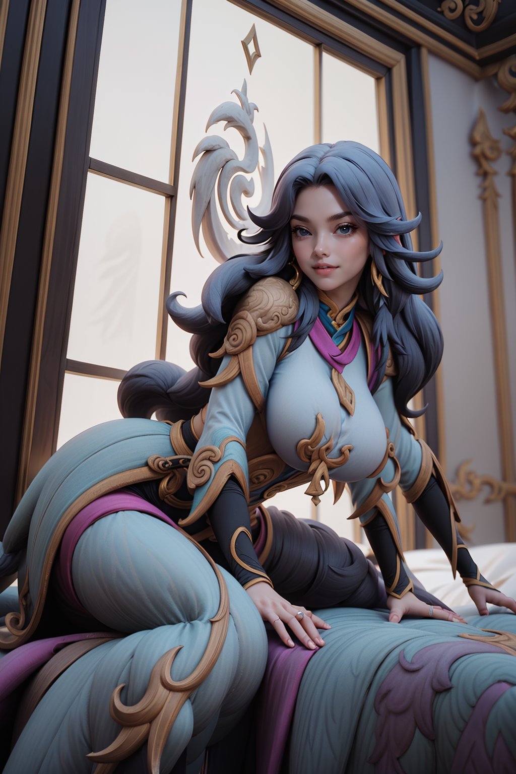 Luo_Yi_Yin-yang_Geomancer,sitting on a bed,inside a palace,low angle shot,facing_viewer,front view,nsfw,((gigantic_breasts:1))<lora:EMS-318203-EMS:1.000000>