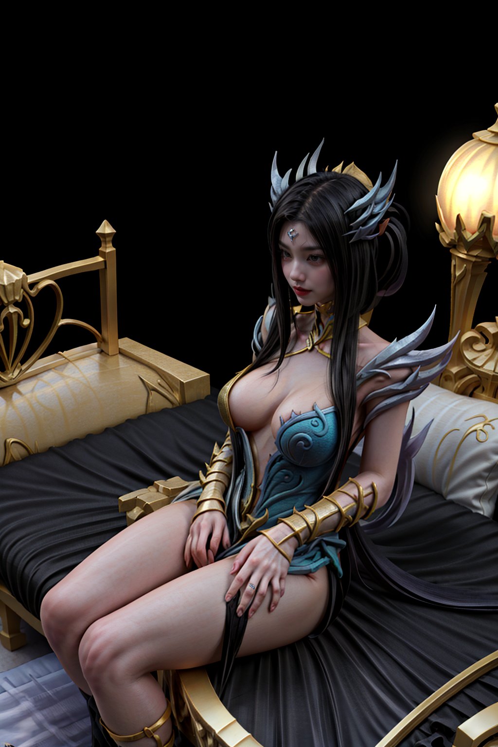 Lunox_Twilight_Goddess,sitting on bed,inside the wooden house,half gold,half silver,High Angle Shot,nsfw,big_boobies,((hair:black and gold))<lora:EMS-318204-EMS:1.000000>, <lora:EMS-179-EMS:0.800000>