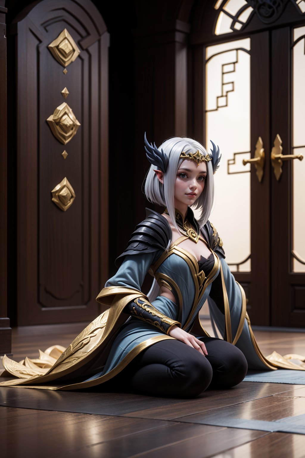 on the floor,inside a magical house,,facing_viewer,front view,(hair color:gold and silver)),Gold and Silver,Lunox_Twilight_Goddess<lora:EMS-318204-EMS:0.800000>