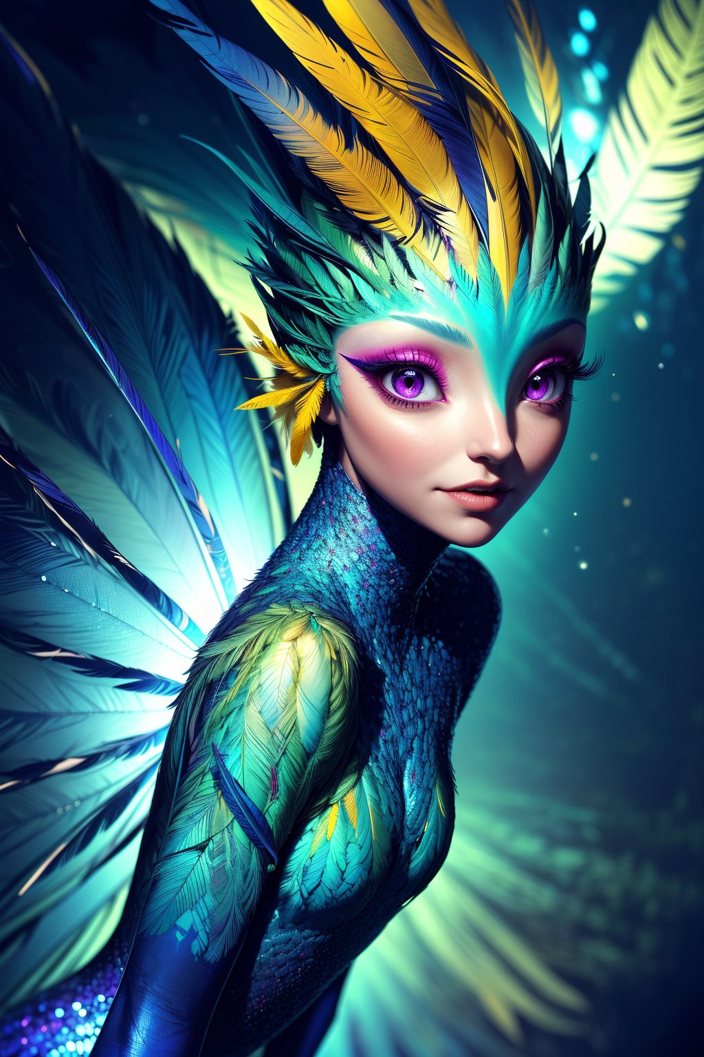 ((masterpiece, best quality, absurdres, highres, ultra detailed, high resolution,)), 1woman, solo, ((feathers, Serious ,  looking at viewer,Tooth Fairy)),purple eyes,makeup, feathers,magic forest, green and blue ,feathers, ((magic))