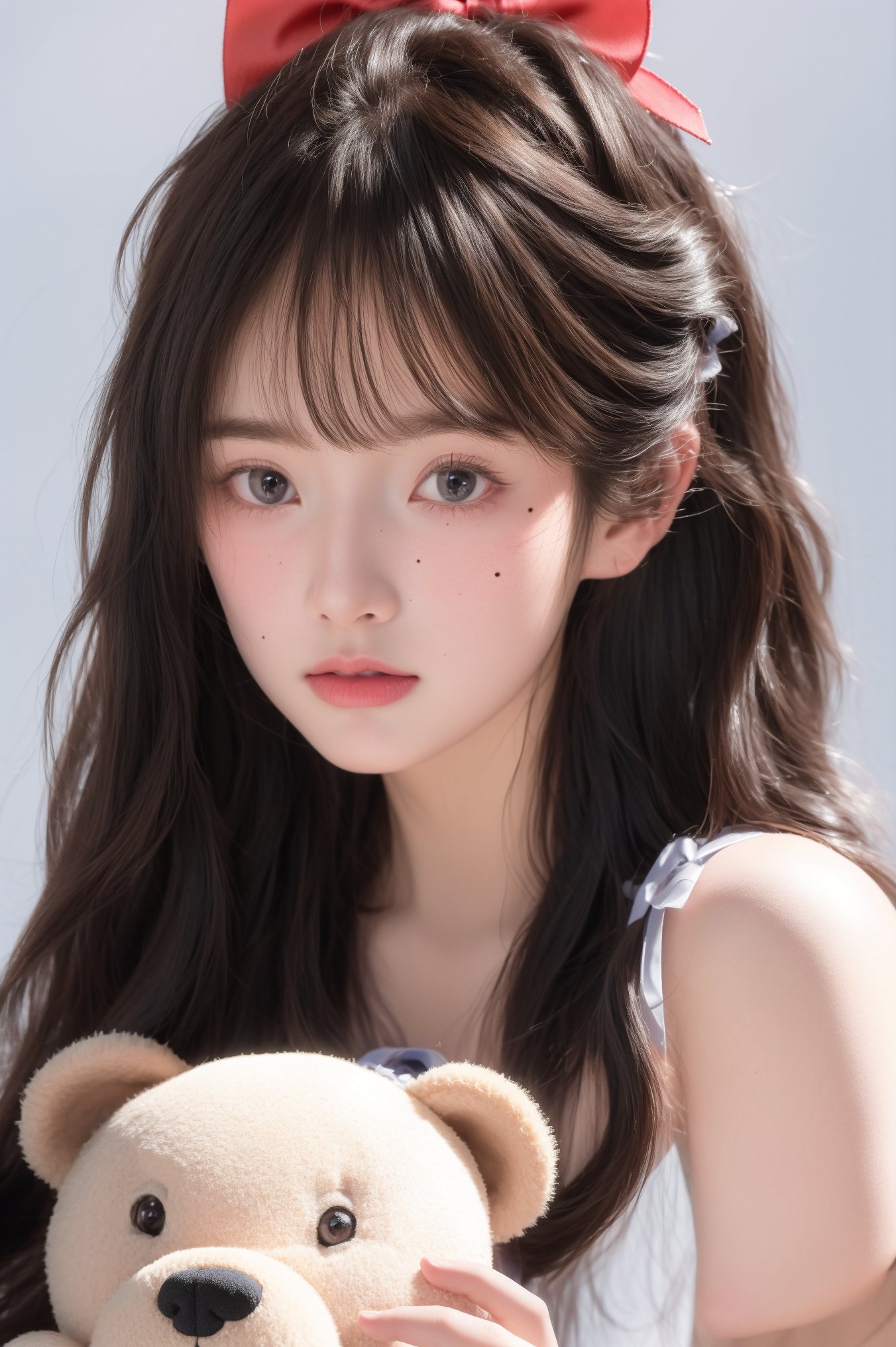 Best quality,masterpiece,ultra high res,(photorealistic:1.4),raw photo,panorama,1girl,beautiful detailed eyes and face,cold light,8k,RAW photo,realistic,stuffed toy,stuffed animal,long hair,bow,looking at viewer,hair bow,black hair,ribbon,brown hair,upper body,teddy bear,bangs,mole,14 y.o