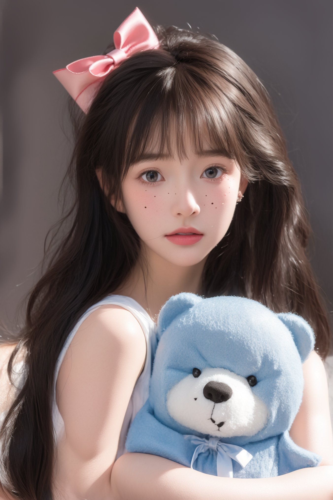 Best quality,masterpiece,ultra high res,(photorealistic:1.4),raw photo,panorama,1girl,beautiful detailed eyes and face,cold light,8k,RAW photo,realistic,stuffed toy,stuffed animal,long hair,bow,looking at viewer,hair bow,black hair,ribbon,brown hair,upper body,teddy bear,bangs,mole,14 y.o