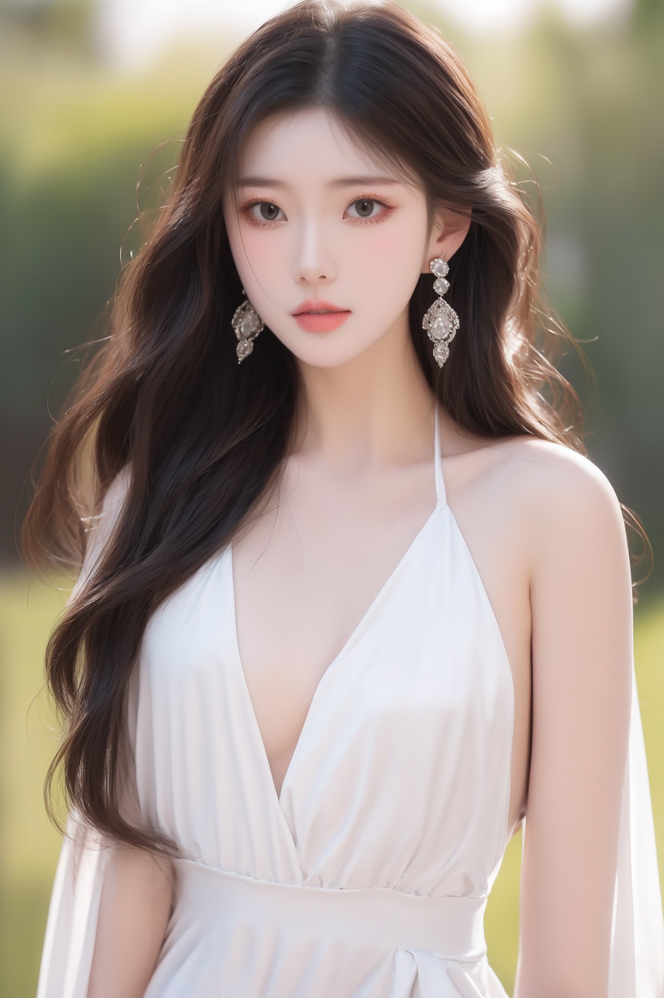 1girl,solo,looking at viewer,upper body,earrings,lips,realistic, long hair,White evening dress, chest