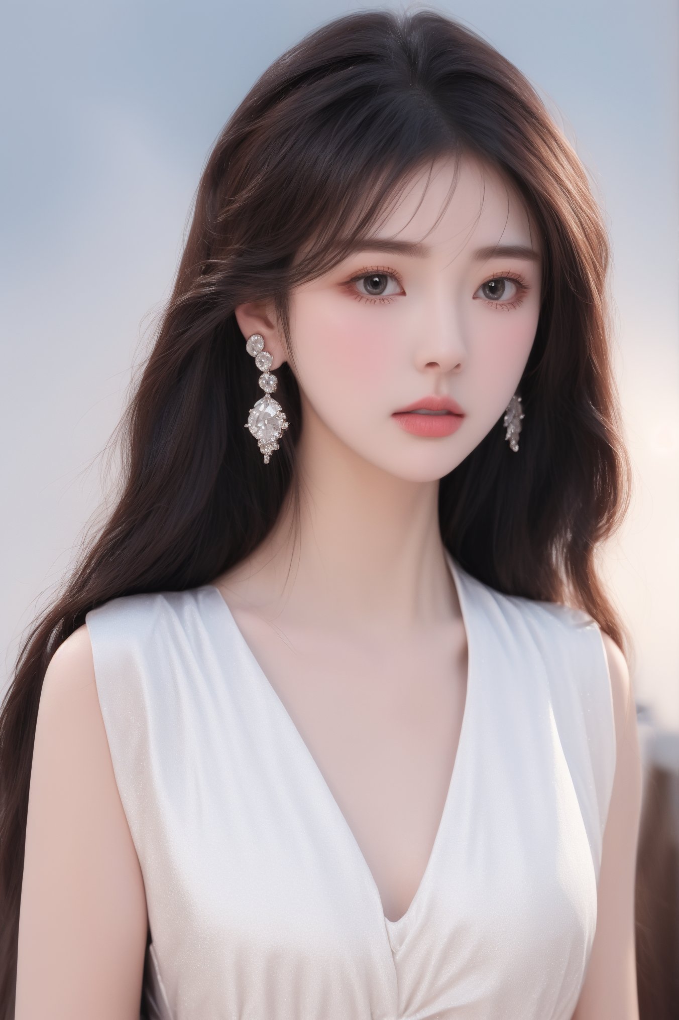 1girl,solo,looking at viewer,upper body,earrings,lips,realistic, long hair,White evening dress, chest