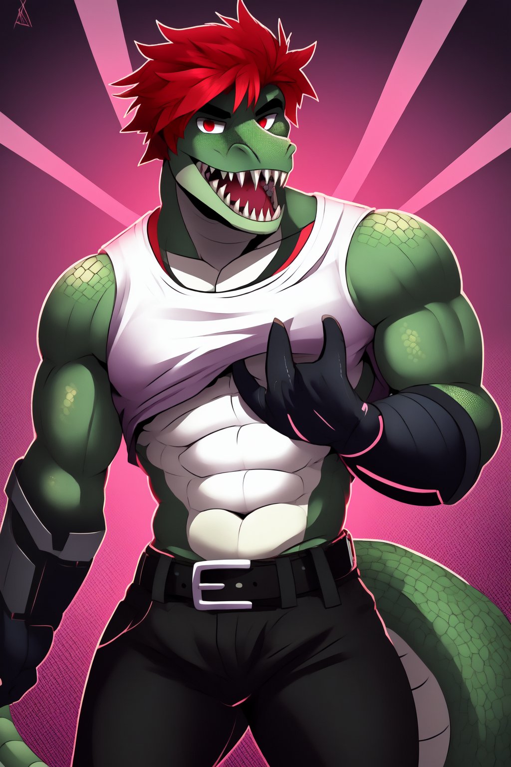 solo, looking at viewer, short hair, open mouth, shirt, red eyes, gloves, 1boy,, tail, male focus, red hair, , teeth, black gloves,  , belt, pants, colored skin, black pants, sharp teeth, scales_green,good_anatomy,Cyberpunk, meme,Pectoral Focus