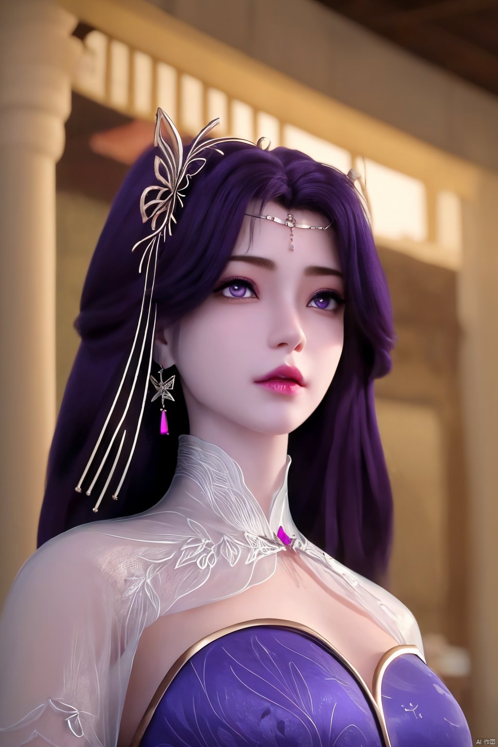 1girl, hair ornament, dress, jewelry, solo, blue dress, long hair, earrings, upper body, own hands together, black hair, purple hair, yunxi,arms_above_head<lora:EMS-318438-EMS:0.800000>