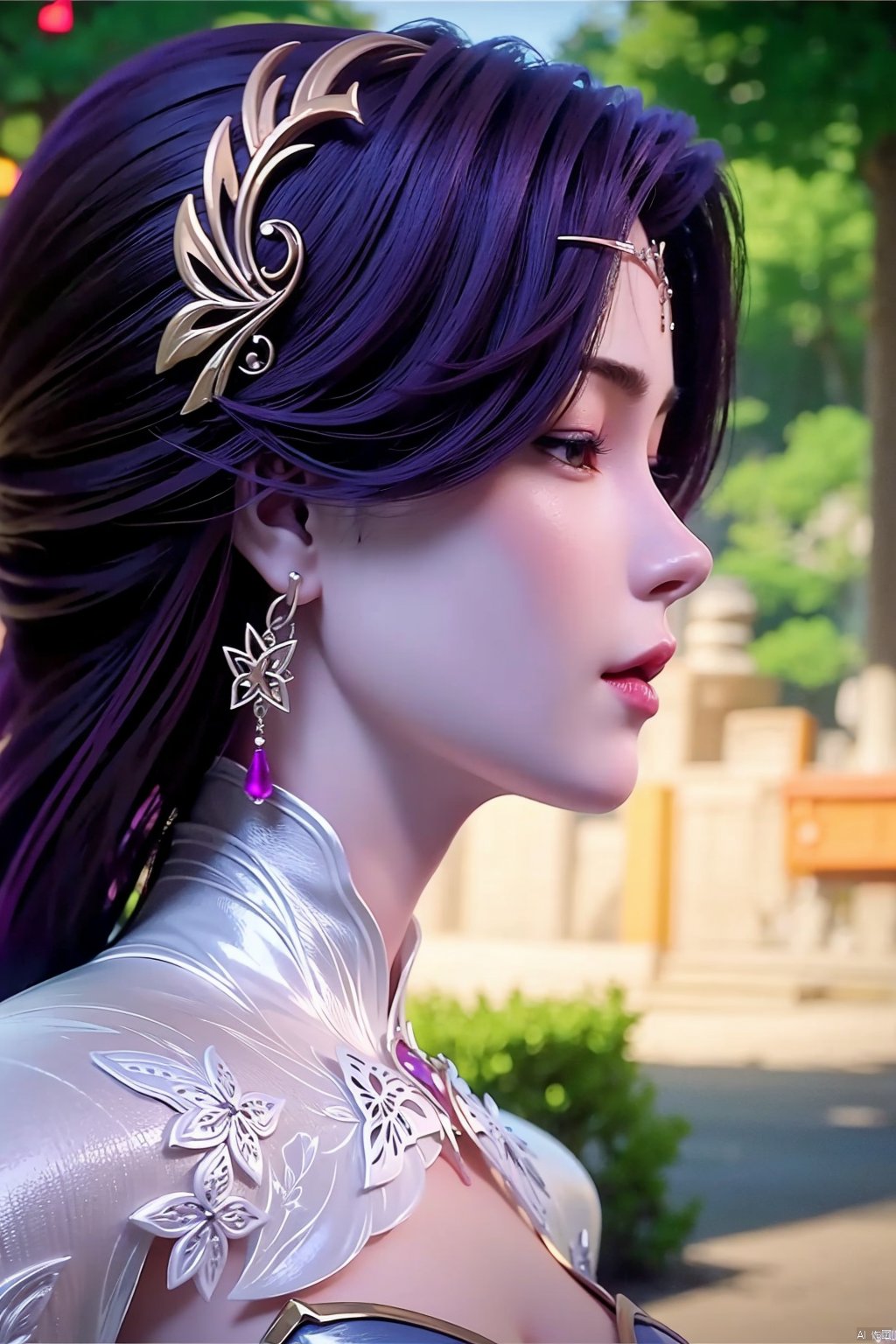 1girl, solo, long hair, hair ornament, jewelry, closed mouth, closed eyes, purple hair, earrings, from side, lips, profile, yunxi<lora:EMS-318438-EMS:0.800000>