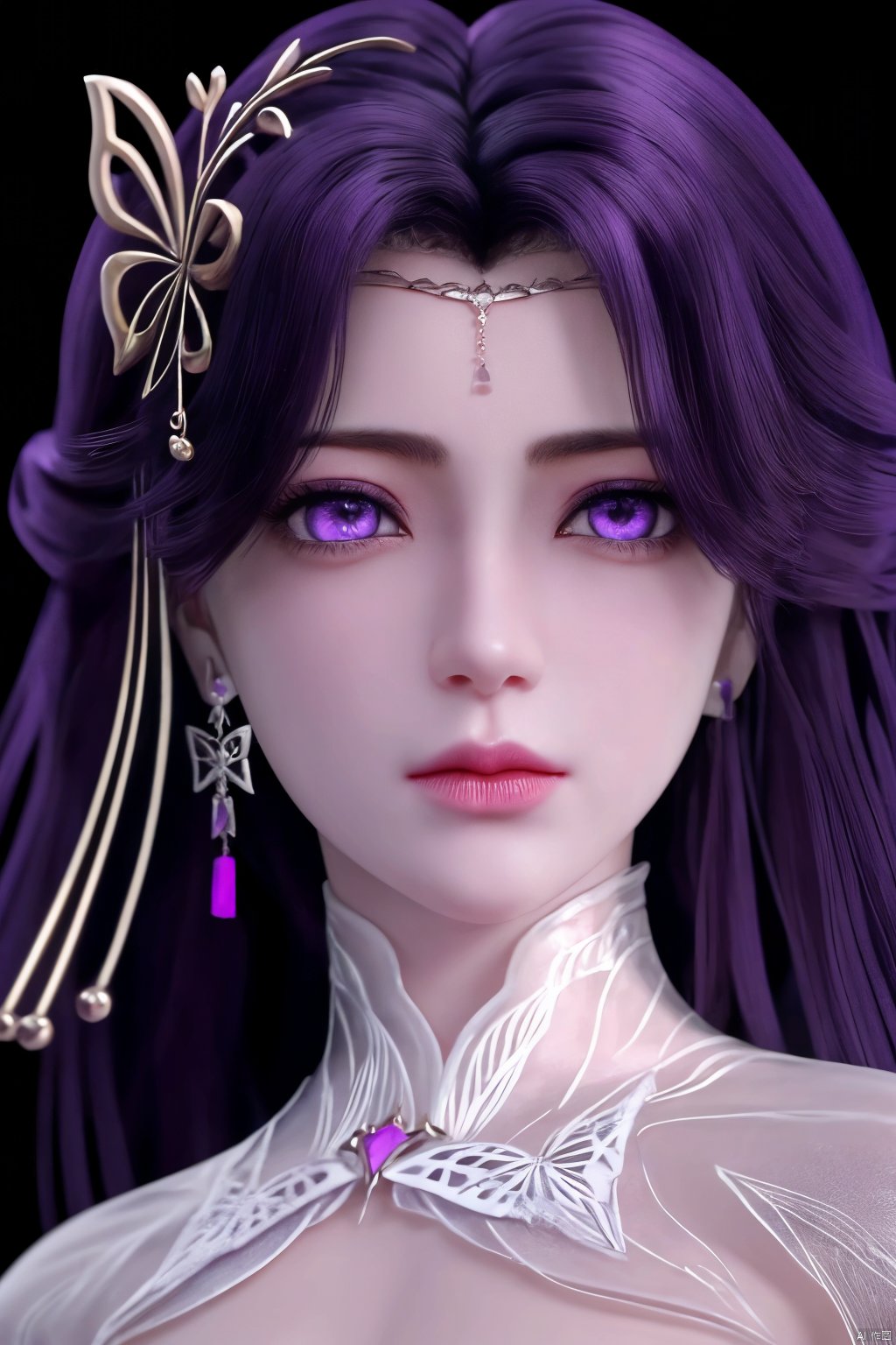 1girl, earrings, jewelry, purple hair, hair ornament, solo, long hair, purple eyes, black background, dress, upper body, dark background, looking at viewer, expressionless, closed mouth, yunxi<lora:EMS-318438-EMS:0.800000>