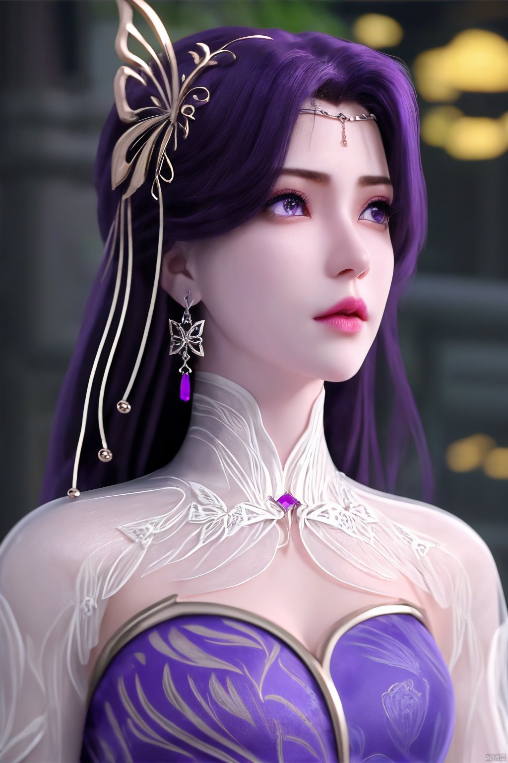 1girl, hair ornament, solo, dress, upper body, long hair, purple hair, jewelry, earrings, purple dress, looking to the side, blurry background, expressionless, yunxi<lora:EMS-318438-EMS:0.800000>