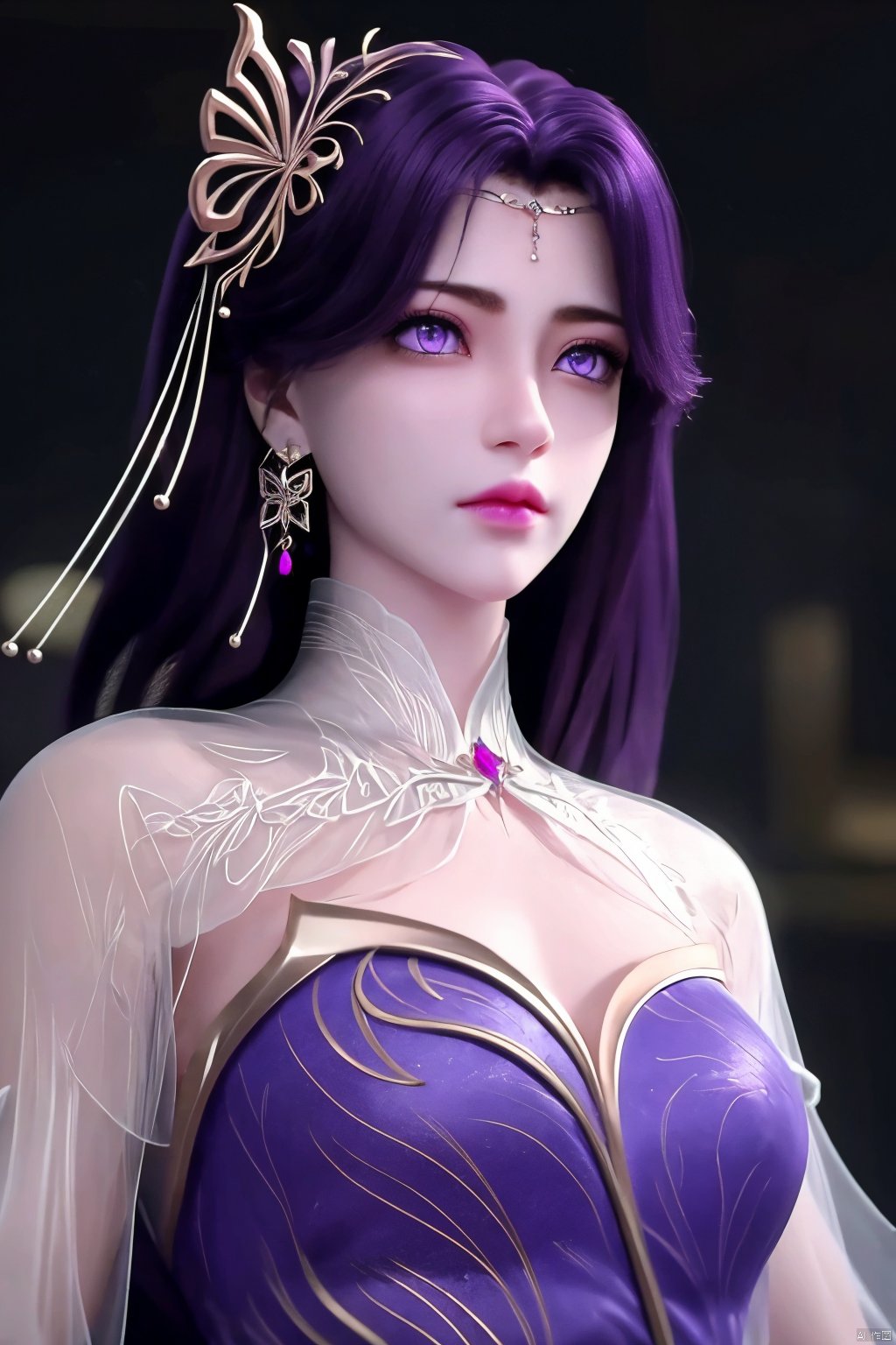 1girl, hair ornament, purple hair, solo, jewelry, earrings, long hair, purple eyes, dress, upper body, looking at viewer, expressionless, dark background, closed mouth, blue dress, yunxi<lora:EMS-318438-EMS:0.800000>