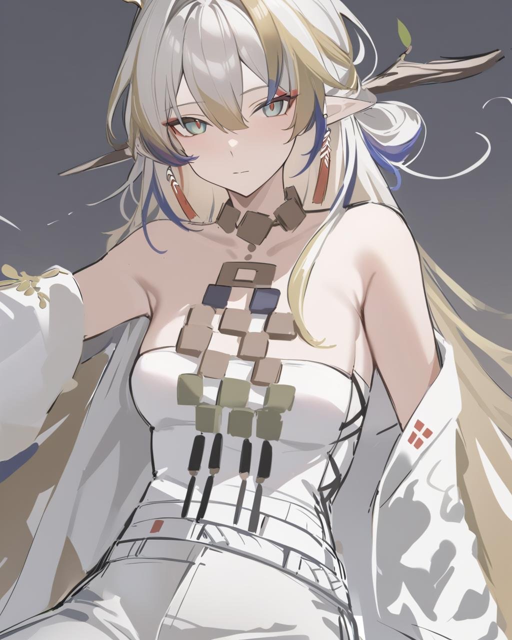 masterpiece,best quality,<lora:shu_arknights:1>,1girl, solo, white_dress, looking_at_viewer, bare_shoulders, closed_mouth, elbow_gloves, streaked_hair, colored_skin, sketch, pants