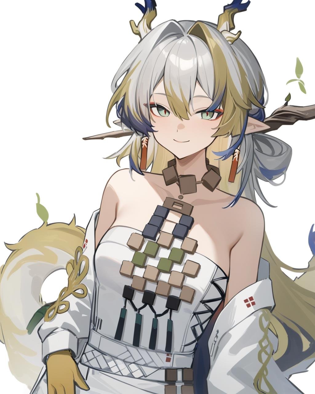 masterpiece,best quality,<lora:shu_arknights:1>,1girl,solo,white_background,looking_at_viewer,smile,upper_body,white_dress,simple_background,bare_shoulders,tail,tassel_earrings,off_shoulder,long_sleeves,closed_mouth,open_clothes,streaked_hair,yellow_gloves,white_hair,hair_intakes,cropped_torso,green_eyes,