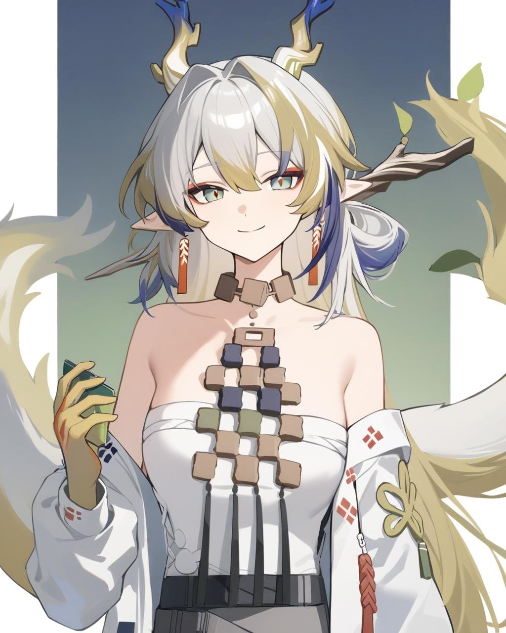 masterpiece,best quality,<lora:shu_arknights:1>,1girl, solo, white_background, looking_at_viewer, smile, holding, upper_body, white_dress, simple_background, bare_shoulders, tail, tassel_earrings, off_shoulder, long_sleeves, closed_mouth, open_clothes, streaked_hair, yellow_gloves, white_hair, hair_intakes, cropped_torso, green_eyes