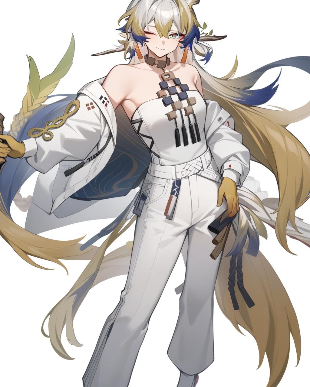 masterpiece,best quality,<lora:shu_arknights:1>,solo, 1boy, male_focus, full_body, looking_at_viewer, yellow_gloves, holding_sword, smile, white_background, white_coat, white_pants, white_jacket, long_sleeves, closed_mouth, one_eye_closed