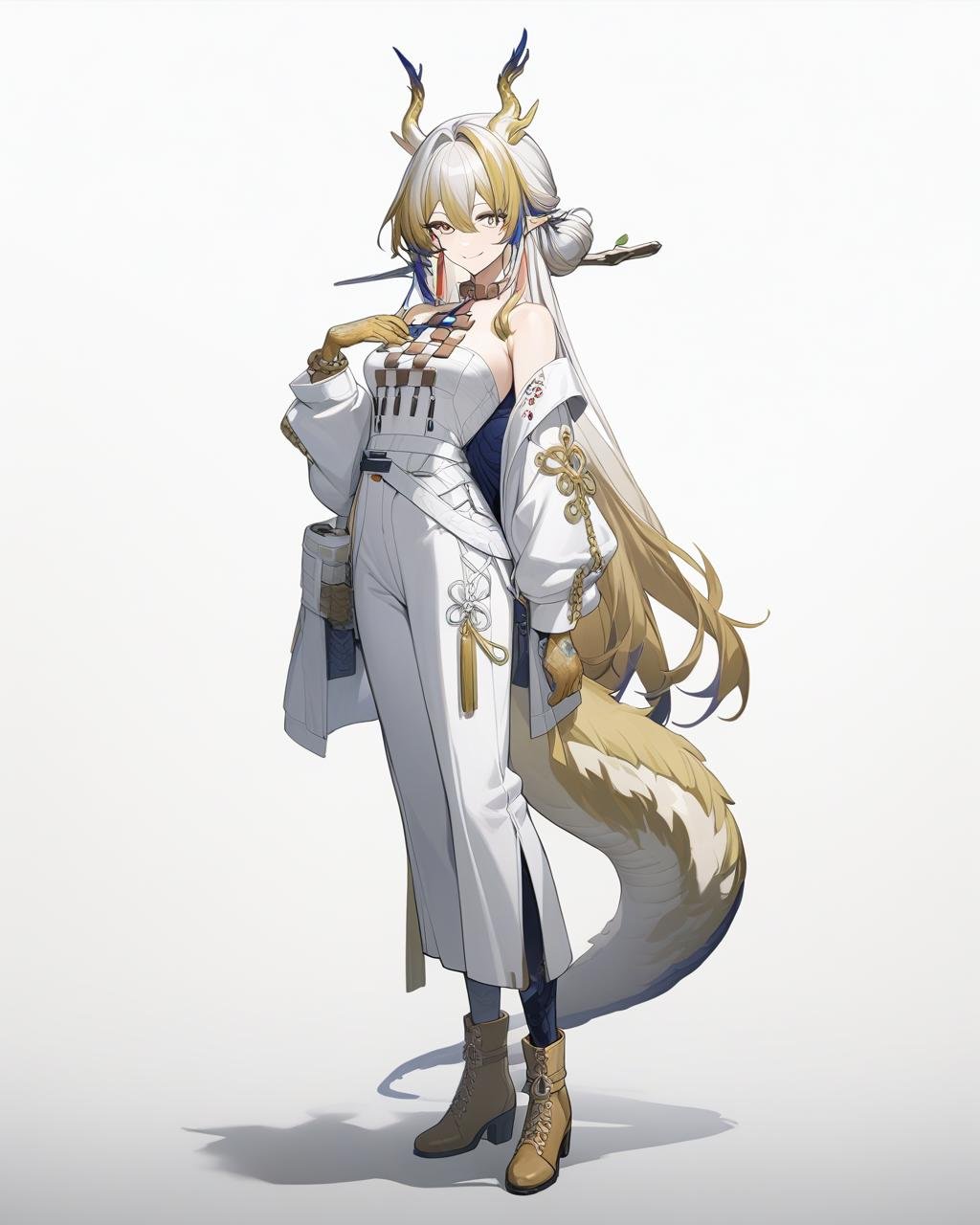 masterpiece,best quality,game cg,<lora:shu_new:1>,1girl,solo,tail,full body,looking at viewer,dress,white background,white dress,long sleeves,boots,hair bun,standing,smile,reverse grip，jewelry,