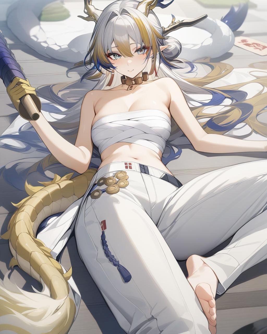 masterpiece,best quality,game cg,<lora:shu_new:1>,1girl, solo, barefoot, tail, looking at viewer, tube top, gloves, bare shoulders, strapless, breasts, white pants, pants, lying, holding, scroll, on side, choker, collarbone, official alternate costume, midriff, sarashi, jewelry, dragon tail