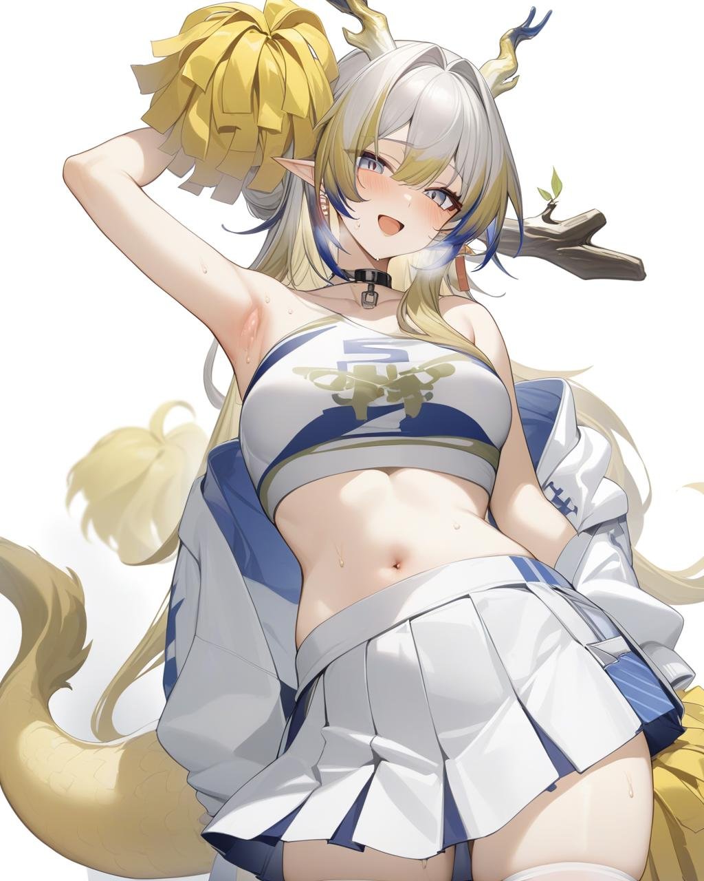 masterpiece,best quality,game cg,<lora:shu_new:1>,1girl,solo,skirt,navel,pom pom \(cheerleading\),cheerleader,thighhighs,white thighhighs,white skirt,armpits,arm up,midriff,crop top,sleeveless,choker,simple background,alternate costume,white background,shirt,sleeveless shirt,cowboy shot,open mouth,looking at viewer,holding,miniskirt,sweat,white shirt,stomach,smile,tail,clothes writing,breasts,pleated skirt,bare shoulders,holding pom poms,