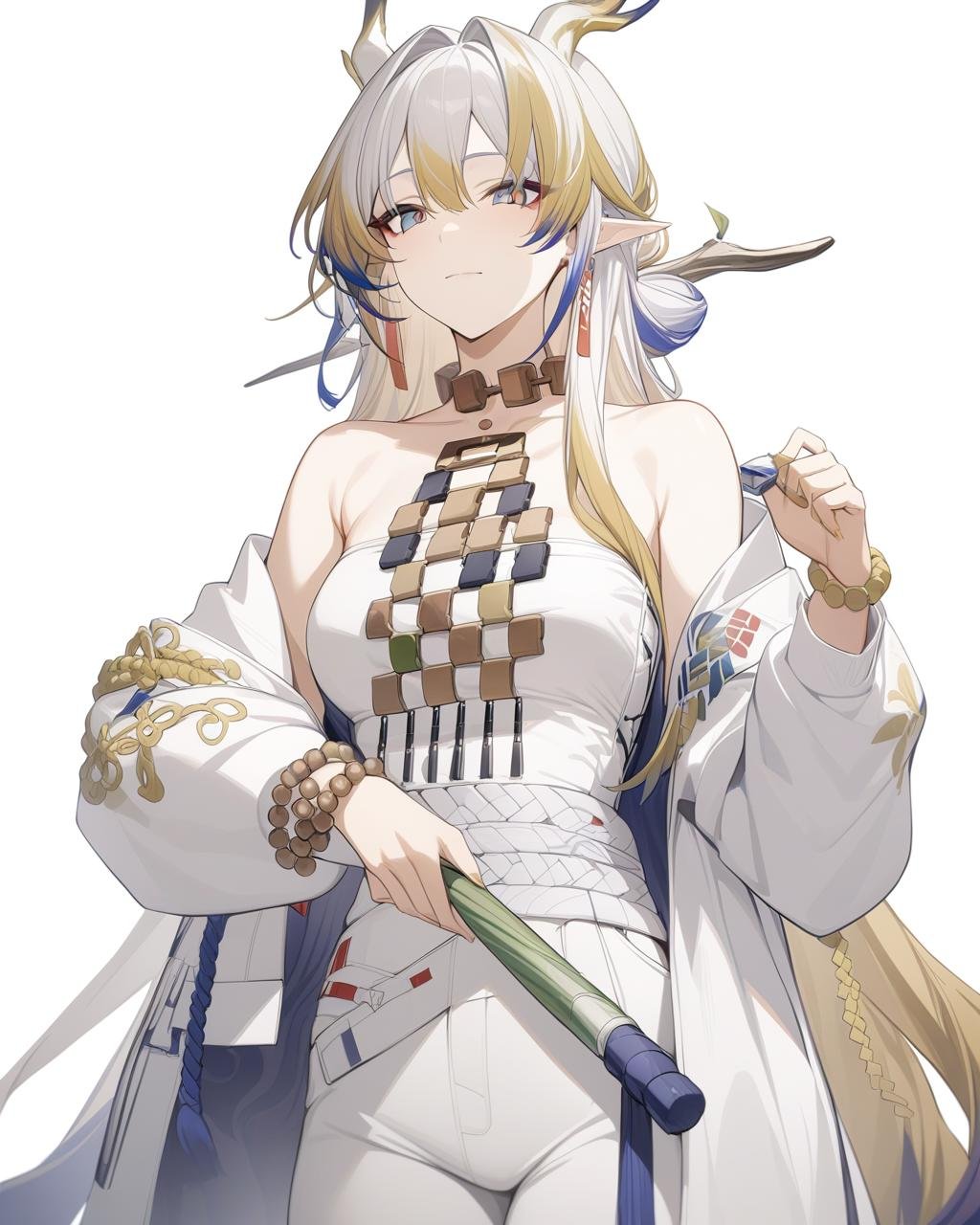 masterpiece,best quality,game cg,1girl,solo,jewelry,white background,bare shoulders,simple background,dress,off shoulder,closed mouth,cowboy shot,jacket,open clothes,long sleeves,bracelet,white dress,holding,white jacket,<lora:shu_new:1>,