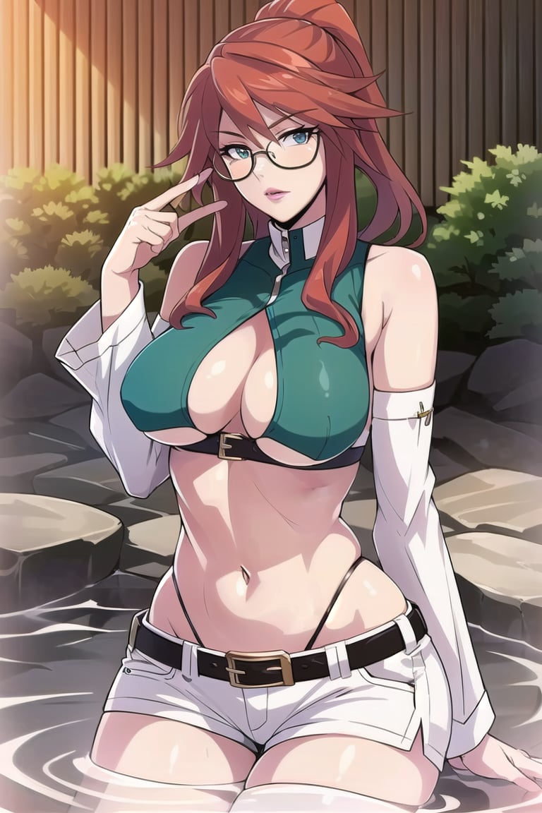 chaoscodehermes,
red hair, long hair, ponytail, lipstick,
pink_glasses:1.5), (glasses:1.5), (eyewear:1.5),
white_shorts,navel,white_long_sleeves,expose_the_shoulders,big_belt,green_crop_top,white_thighhighs,

sittting,cross legs,

---------------

(masterpiece),illustration,ray tracing,finely detailed,best detailed,Clear picture,intricate details,highlight,
photography,realistic, photorealistic,anime,

gothic architecture,
looking at viewer,

large breasts,redundant breasts,Big boobs,mature female,masterpiece,Pixel art