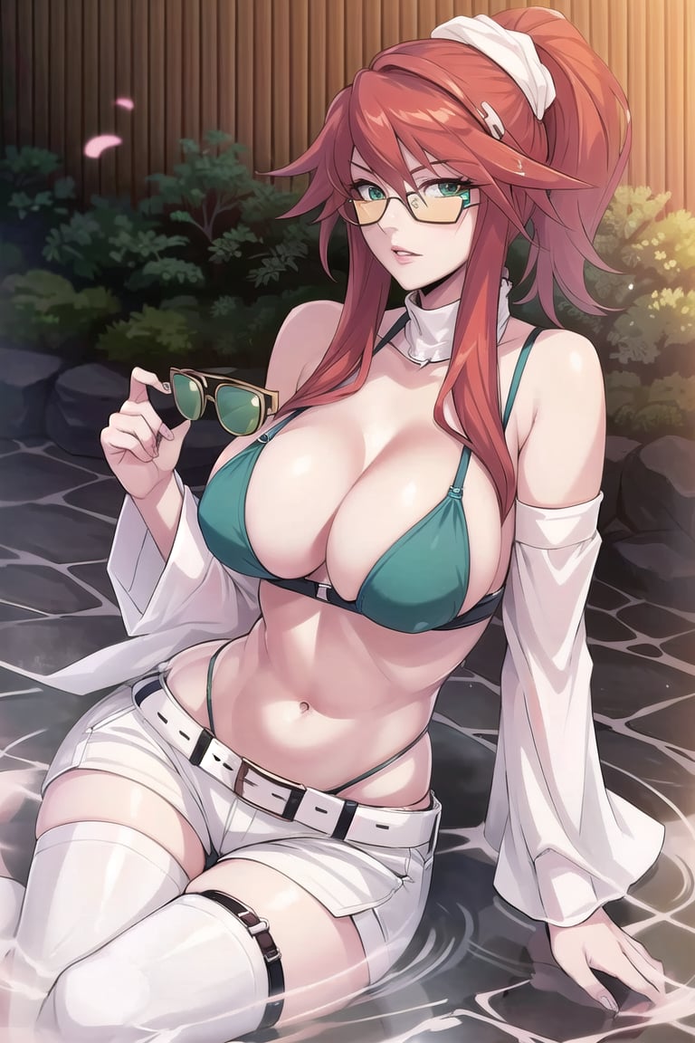 chaoscodehermes,
red hair, long hair, ponytail, lipstick,
pink_glasses:1.5), (glasses:1.5), (eyewear:1.5),
white_shorts,navel,white_long_sleeves,expose_the_shoulders,big_belt,green_crop_top,white_thighhighs,

sittting,cross legs,

---------------

(masterpiece),illustration,ray tracing,finely detailed,best detailed,Clear picture,intricate details,highlight,
photography,realistic, photorealistic,anime,

gothic architecture,
looking at viewer,

large breasts,redundant breasts,Big boobs,mature female,masterpiece