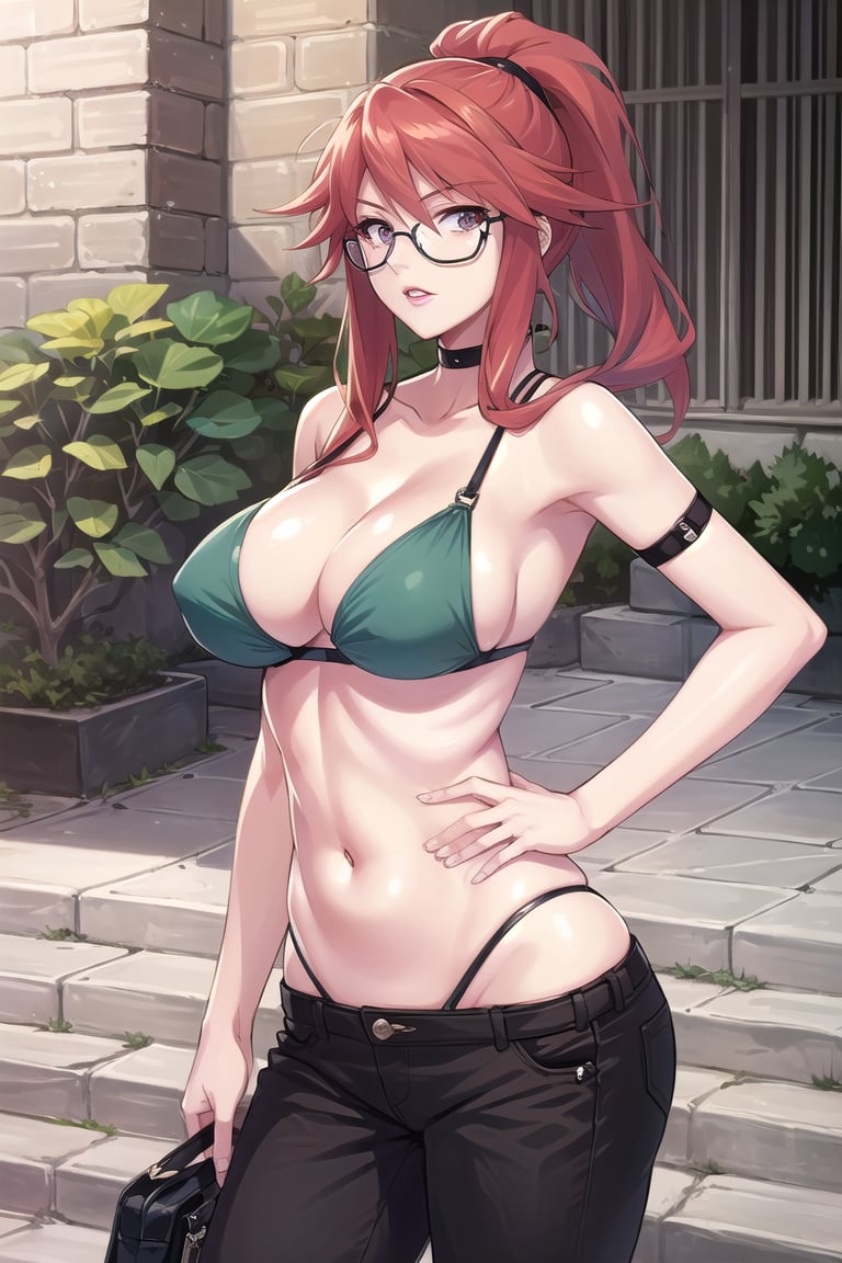 chaoscodehermes,
red hair, long hair, ponytail, lipstick,
pink_glasses:1.5), (glasses:1.5), (eyewear:1.5),

bikini,hand on hip,

---------------

(masterpiece),illustration,ray tracing,finely detailed,best detailed,Clear picture,intricate details,highlight,
photography,realistic, photorealistic,anime,

gothic architecture,
looking at viewer,

large breasts,redundant breasts,Big boobs,mature female,masterpiece,Pixel art,best quality