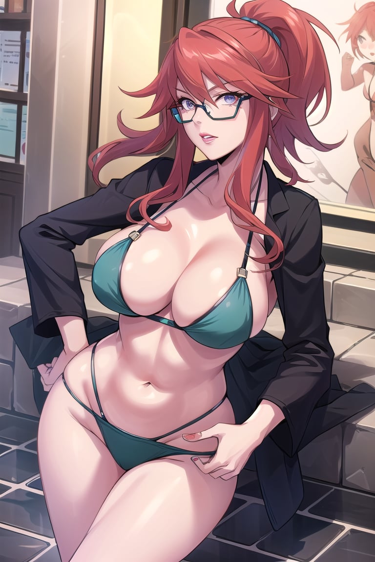 chaoscodehermes,
red hair, long hair, ponytail, lipstick,
pink_glasses:1.5), (glasses:1.5), (eyewear:1.5),

bikini,hand on hip,

---------------

(masterpiece),illustration,ray tracing,finely detailed,best detailed,Clear picture,intricate details,highlight,
photography,realistic, photorealistic,anime,

gothic architecture,
looking at viewer,

large breasts,redundant breasts,Big boobs,mature female,masterpiece,