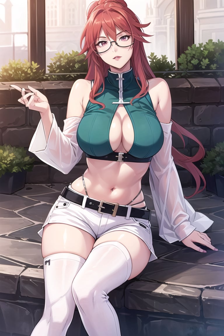 chaoscodehermes,
red hair, long hair, ponytail, lipstick,
pink_glasses:1.5), (glasses:1.5), (eyewear:1.5),
white_shorts,navel,white_long_sleeves,expose_the_shoulders,big_belt,green_crop_top,white_thighhighs,

sittting,cross legs,

---------------

(masterpiece),illustration,ray tracing,finely detailed,best detailed,Clear picture,intricate details,highlight,
photography,realistic, photorealistic,anime,

gothic architecture,
looking at viewer,

large breasts,redundant breasts,Big boobs,mature female,masterpiece,Pixel art,best quality