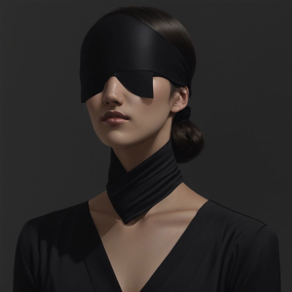 a woman wearing a blindfold and a black shirt with a black tie