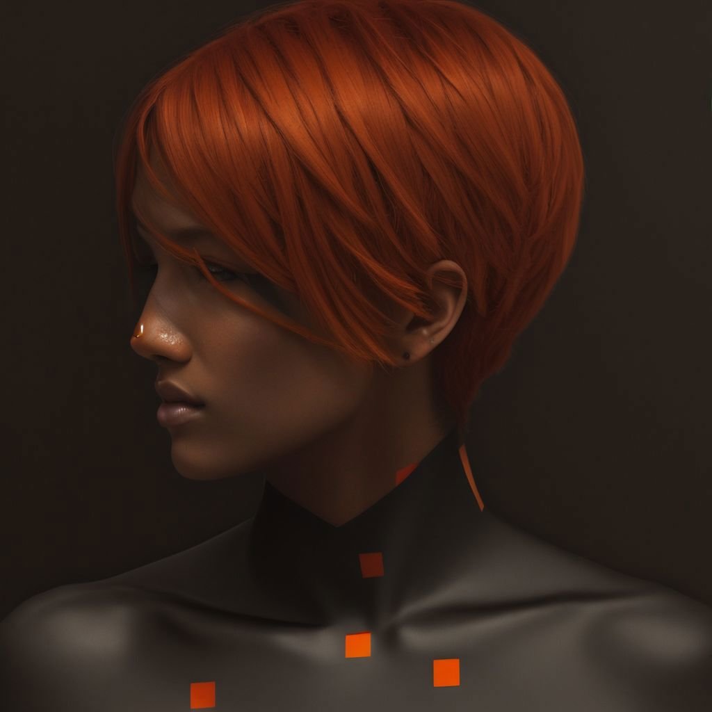 a woman with a red hair and black body with orange squares on it's chest and a black top
