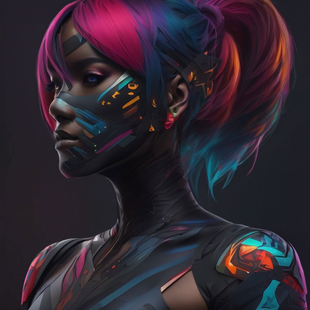 A sexy female, vivid colours, futuristic design, upper body close up, mask, body tattoos, headset, multi coloured hair