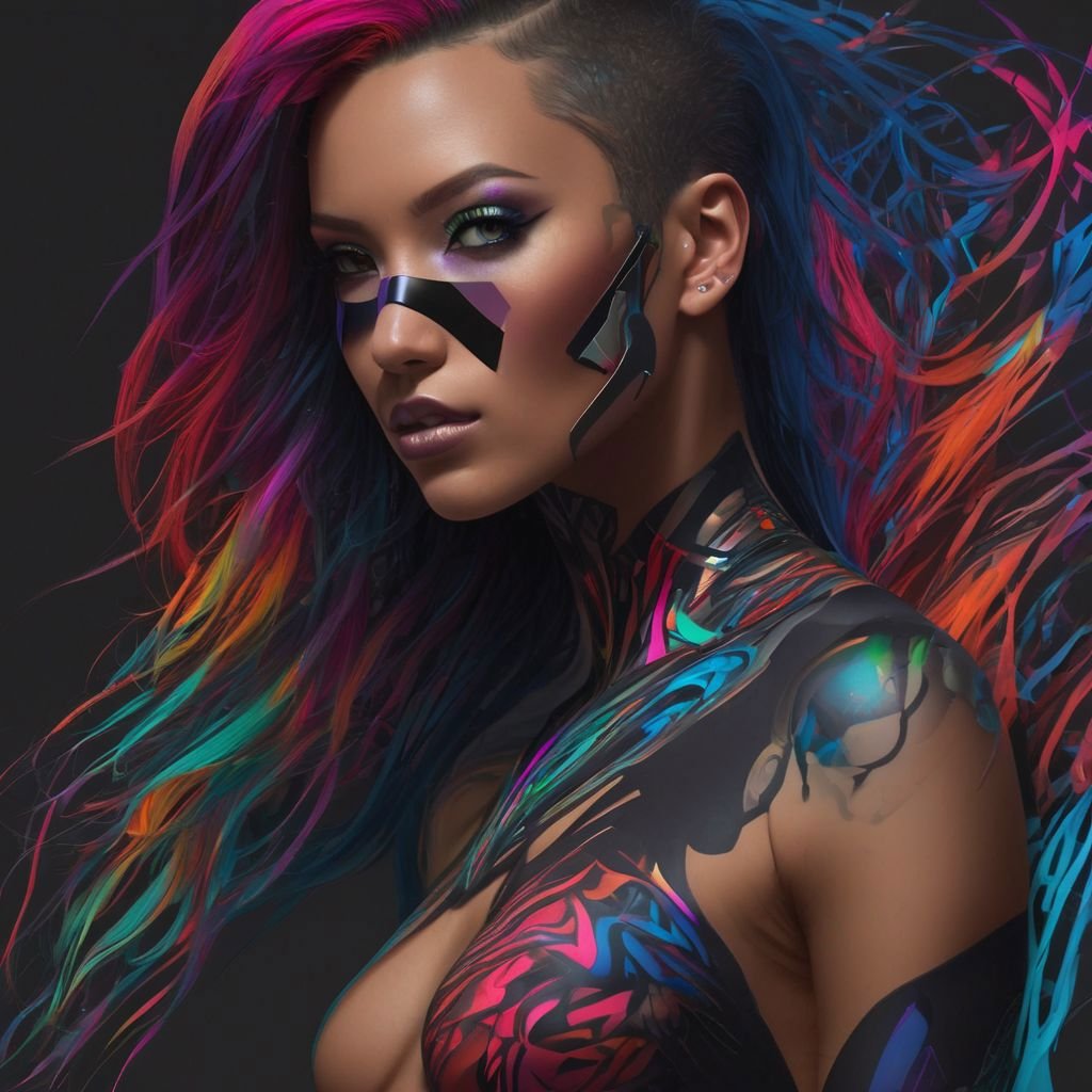 A sexy nude female, vivid colours, futuristic design, upper body close up, mask, body tattoos, headset, multi coloured hair